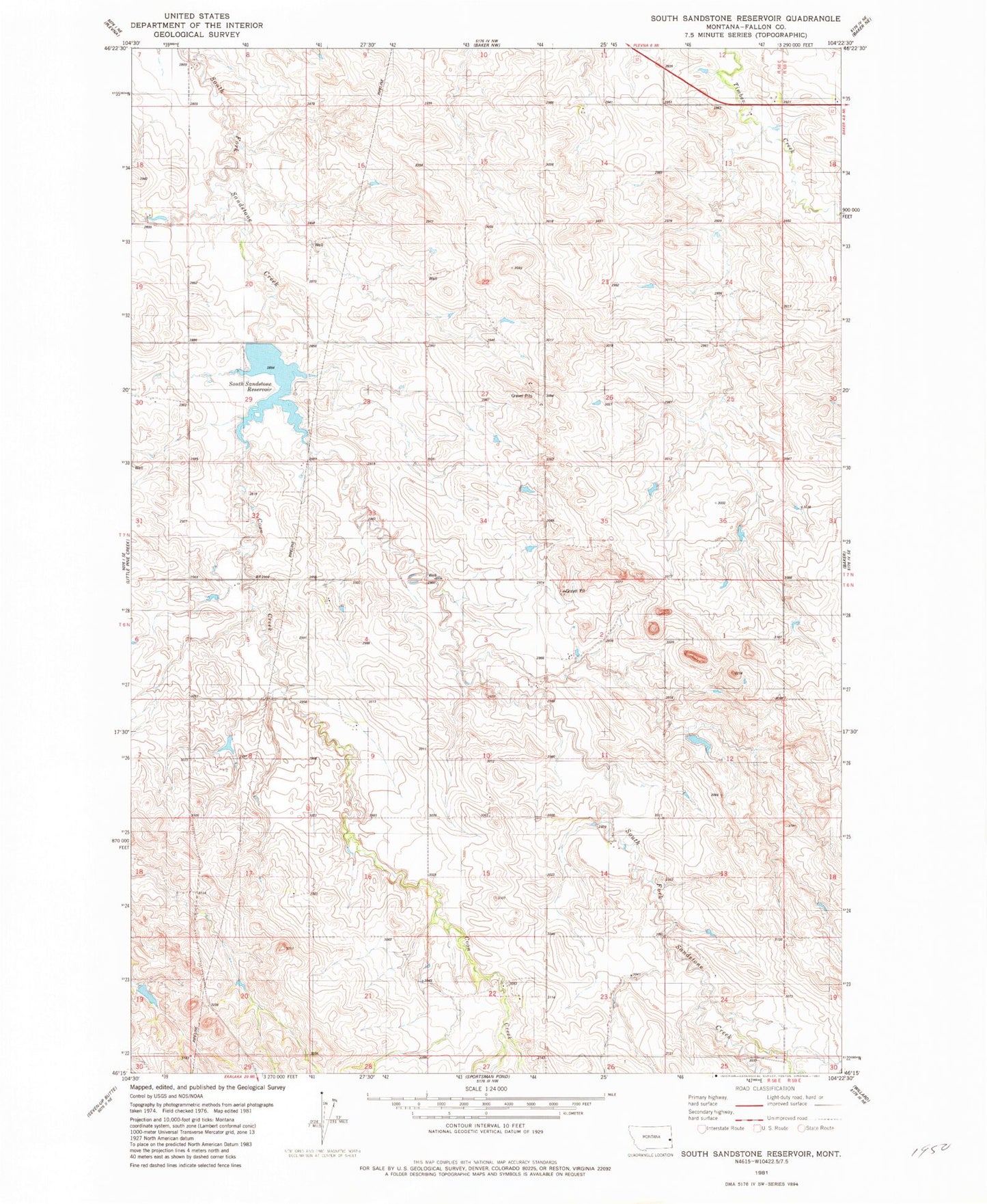 Classic USGS South Sandstone Reservoir Montana 7.5'x7.5' Topo Map Image