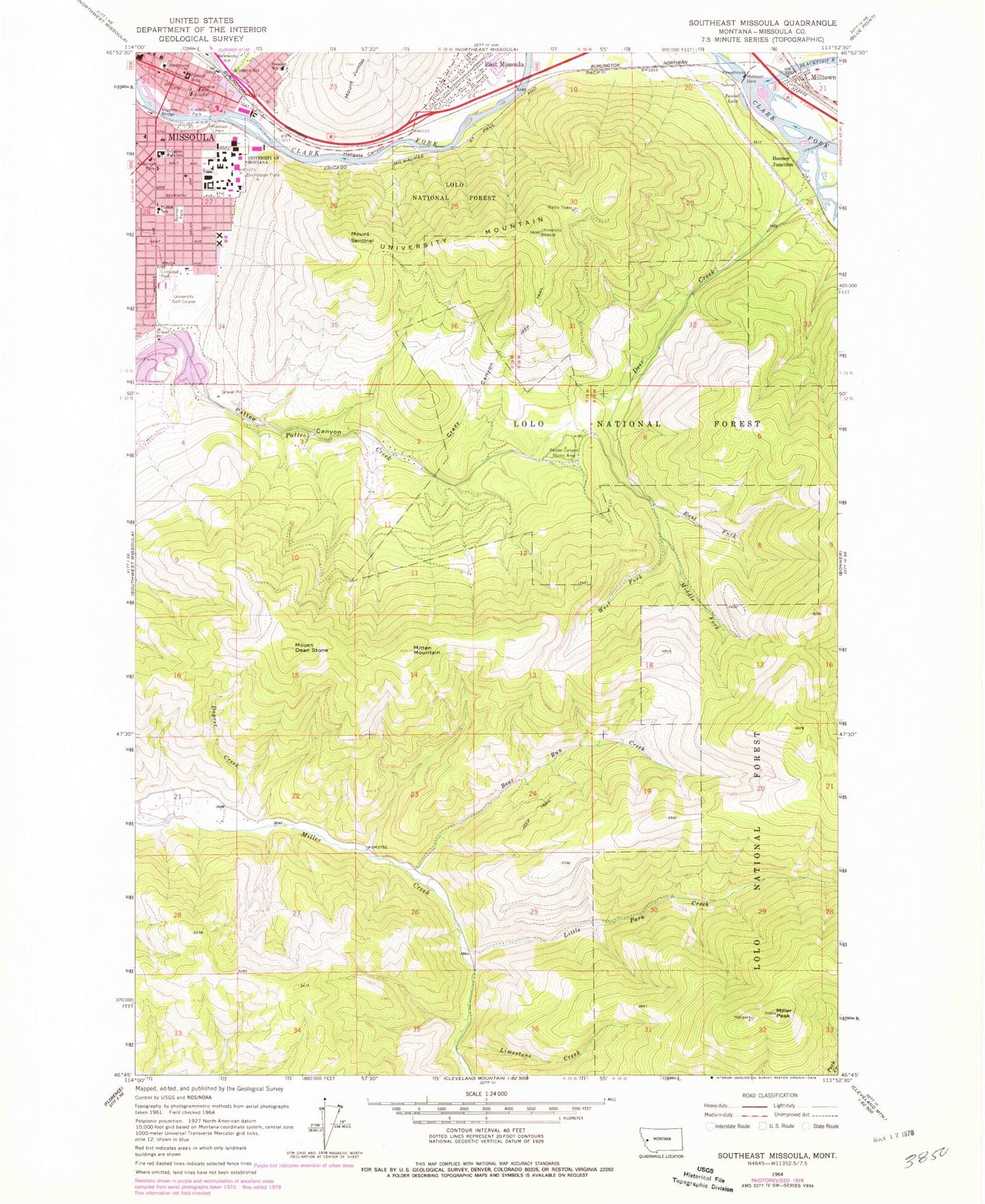 Classic USGS Southeast Missoula Montana 7.5'x7.5' Topo Map Image
