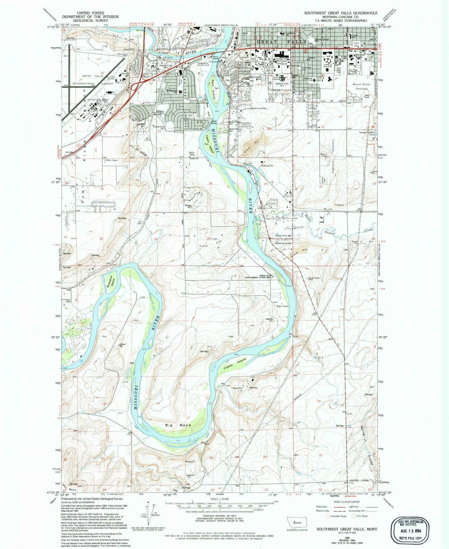 Classic USGS Southwest Great Falls Montana 7.5'x7.5' Topo Map Image