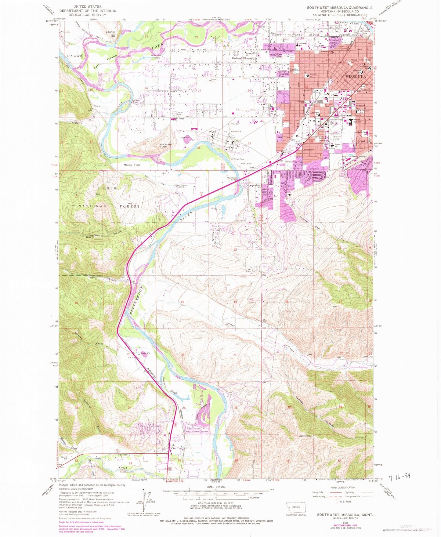 Classic USGS Southwest Missoula Montana 7.5'x7.5' Topo Map Image
