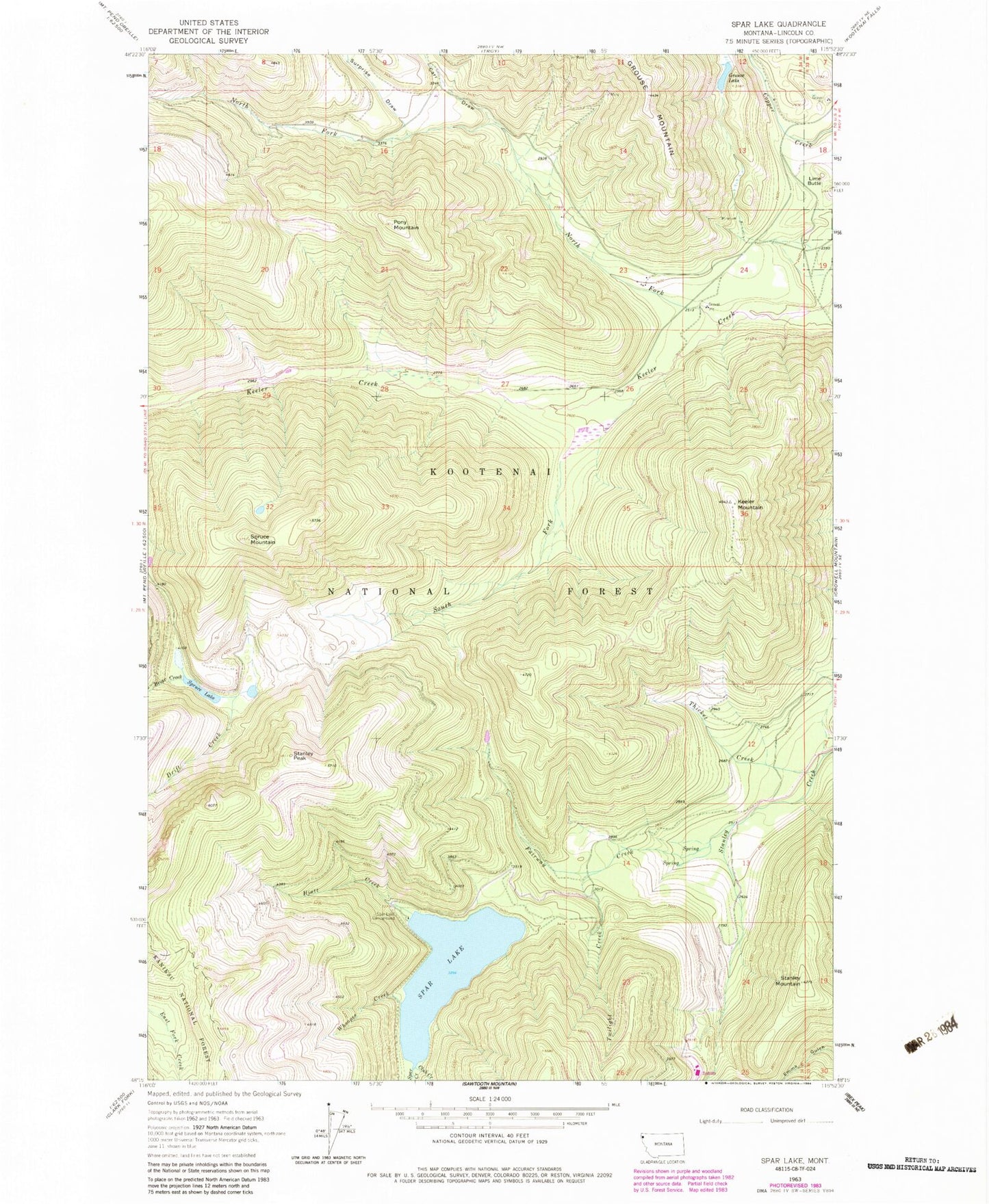 Classic USGS Spar Lake Montana 7.5'x7.5' Topo Map Image
