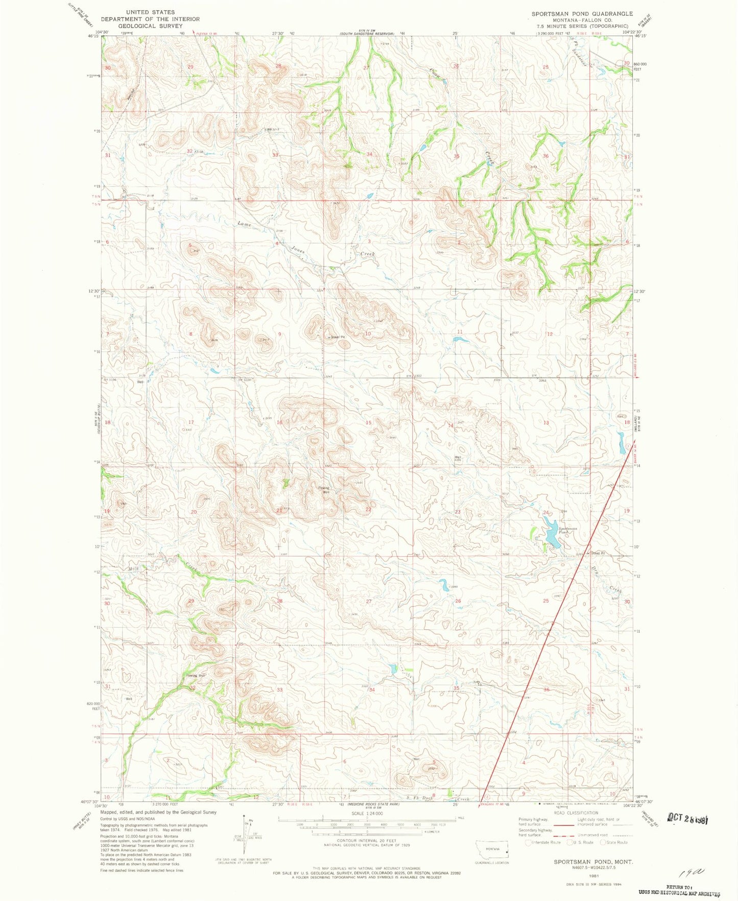 Classic USGS Sportsman Pond Montana 7.5'x7.5' Topo Map Image