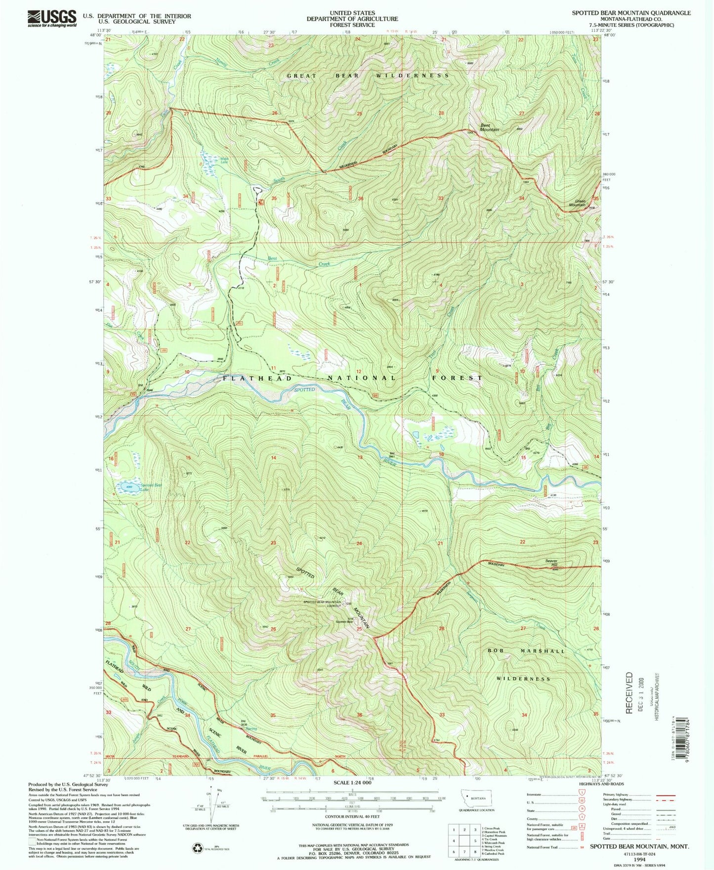 Classic USGS Spotted Bear Mountain Montana 7.5'x7.5' Topo Map Image
