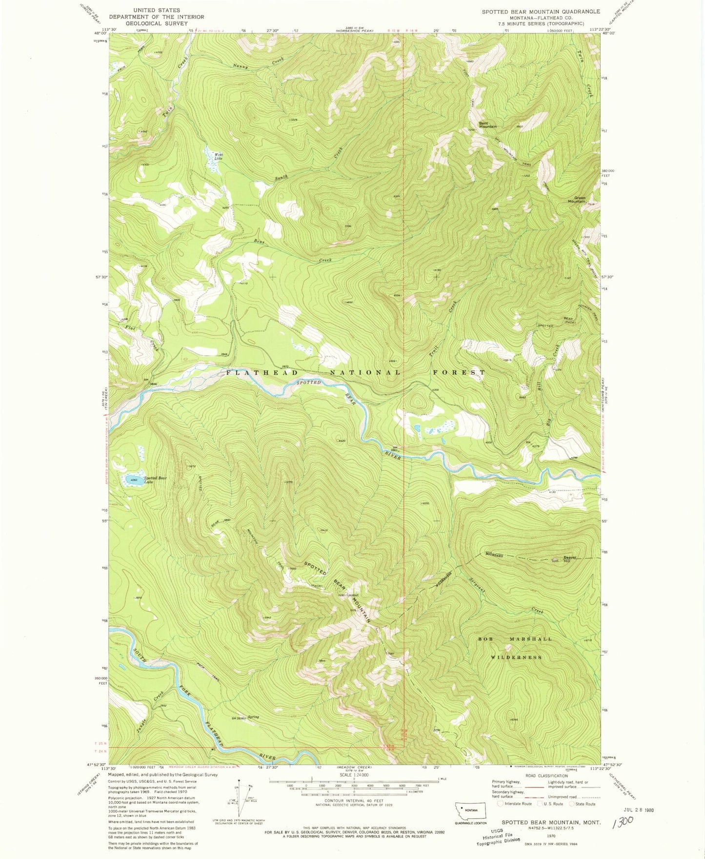 Classic USGS Spotted Bear Mountain Montana 7.5'x7.5' Topo Map Image