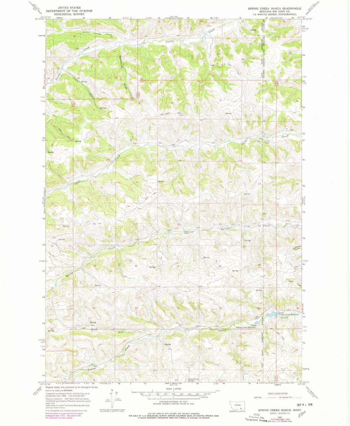 Classic USGS Spring Creek Ranch Montana 7.5'x7.5' Topo Map Image