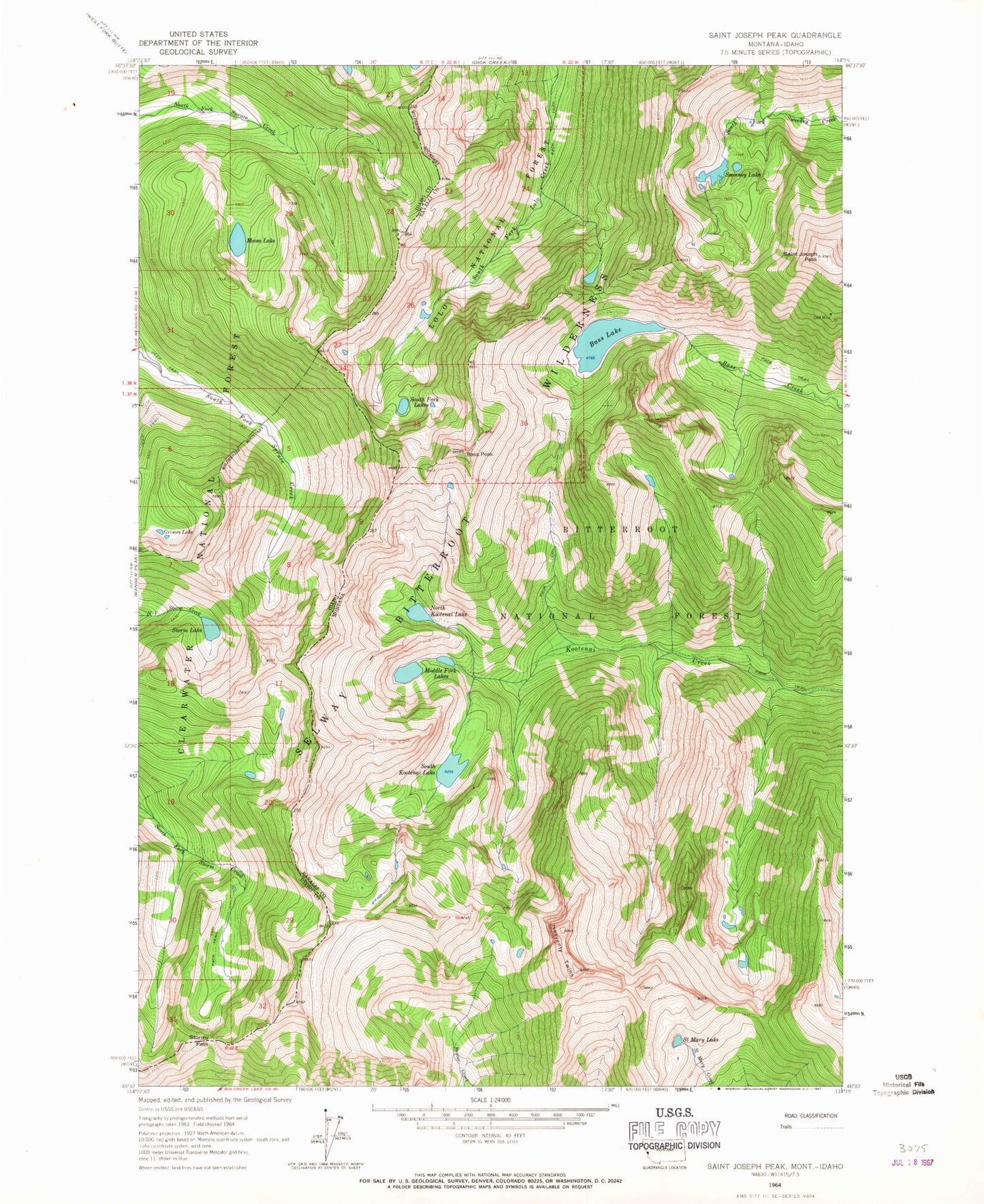 Classic USGS Saint Joseph Peak Montana 7.5'x7.5' Topo Map Image
