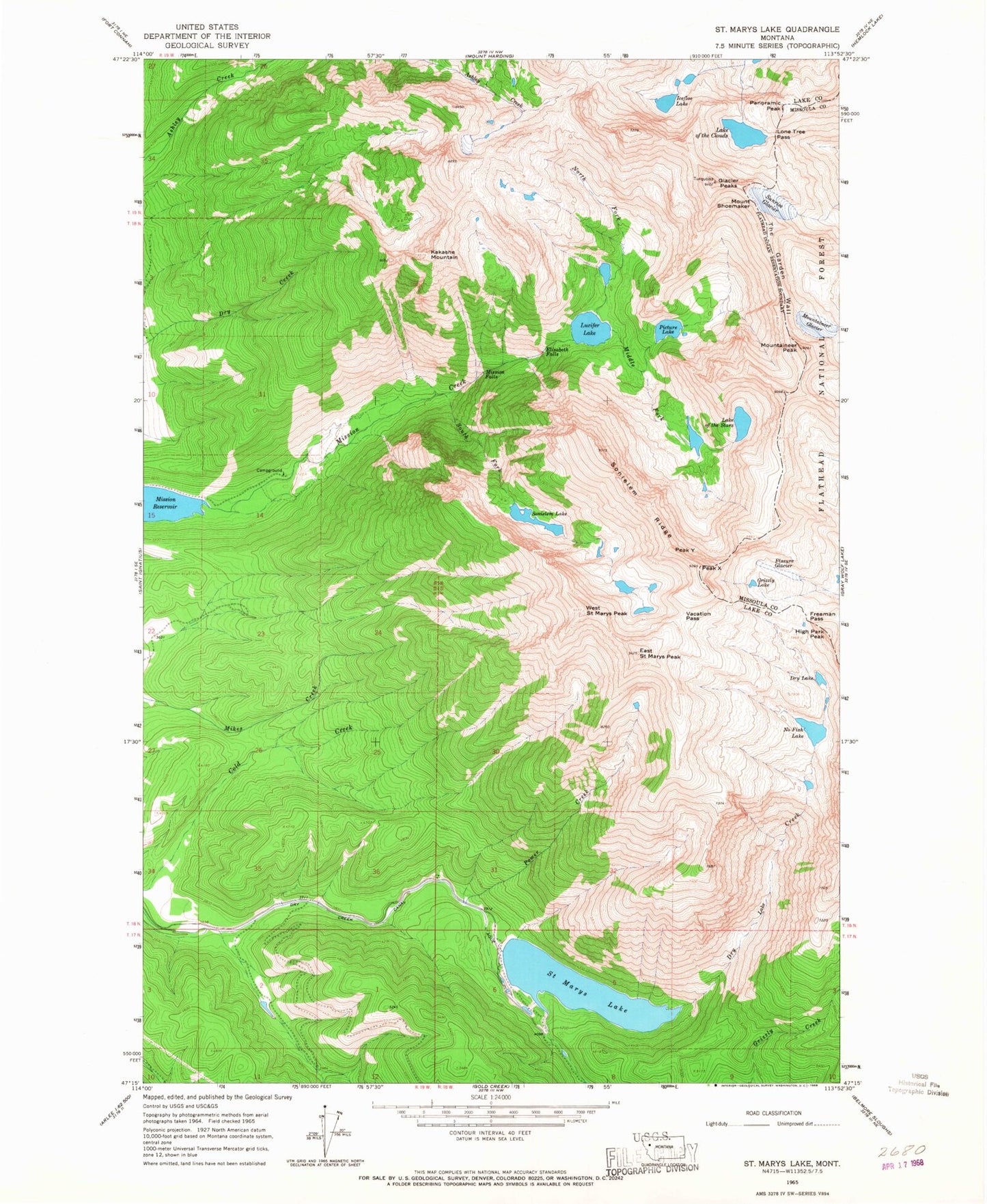 Classic USGS Saint Marys Lake Montana 7.5'x7.5' Topo Map Image