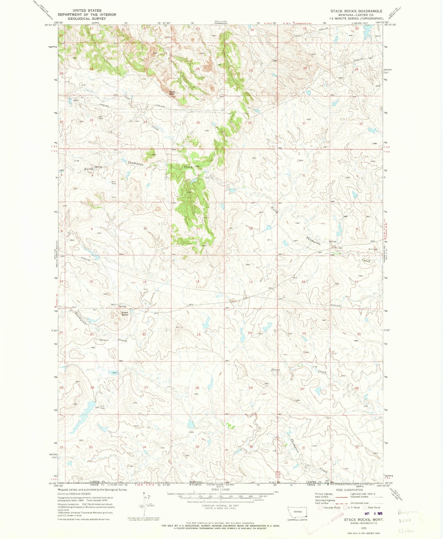 Classic USGS Stack Rocks Montana 7.5'x7.5' Topo Map Image