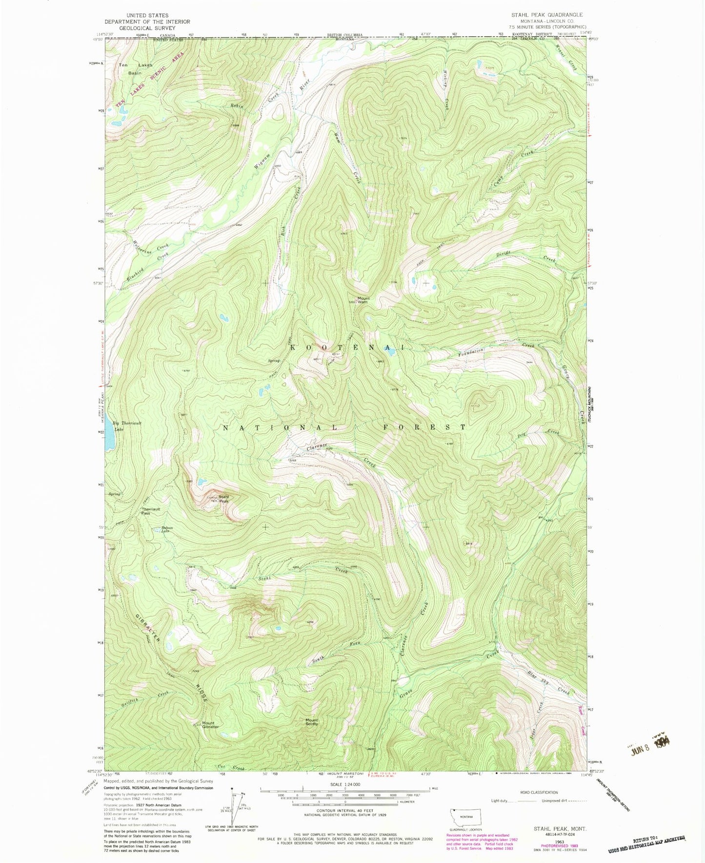 Classic USGS Stahl Peak Montana 7.5'x7.5' Topo Map Image
