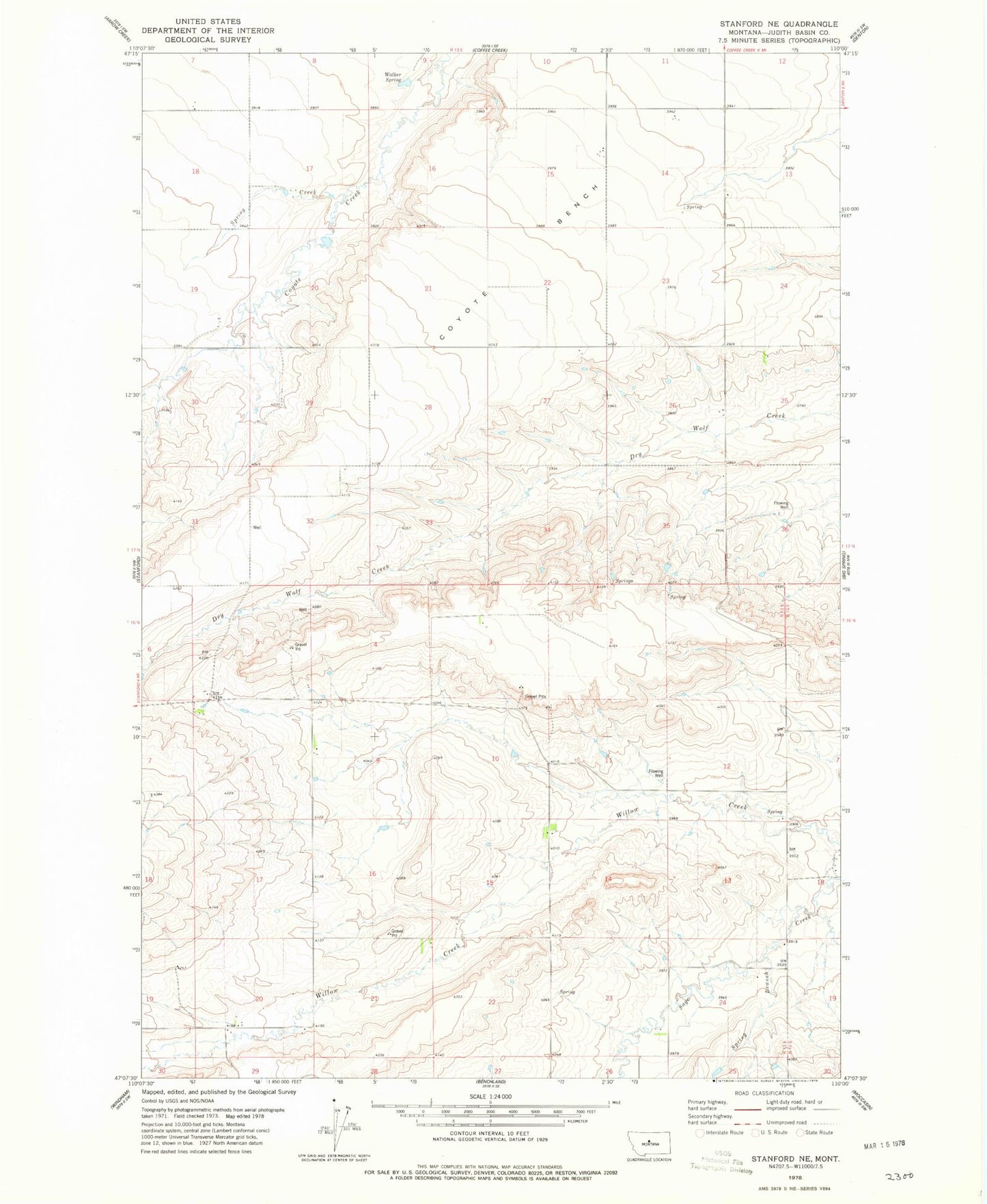 Classic USGS Stanford NE Montana 7.5'x7.5' Topo Map Image