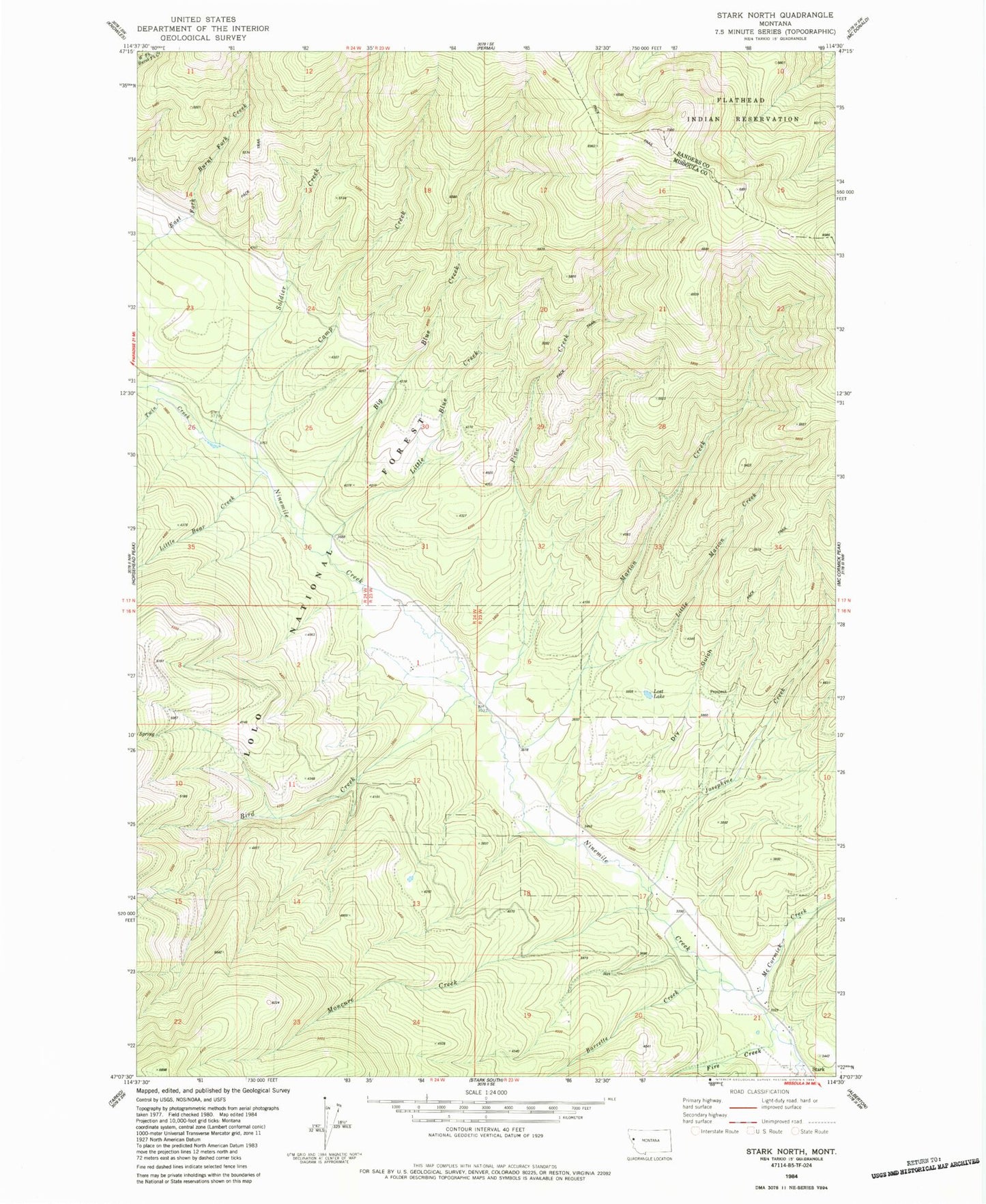 Classic USGS Stark North Montana 7.5'x7.5' Topo Map Image