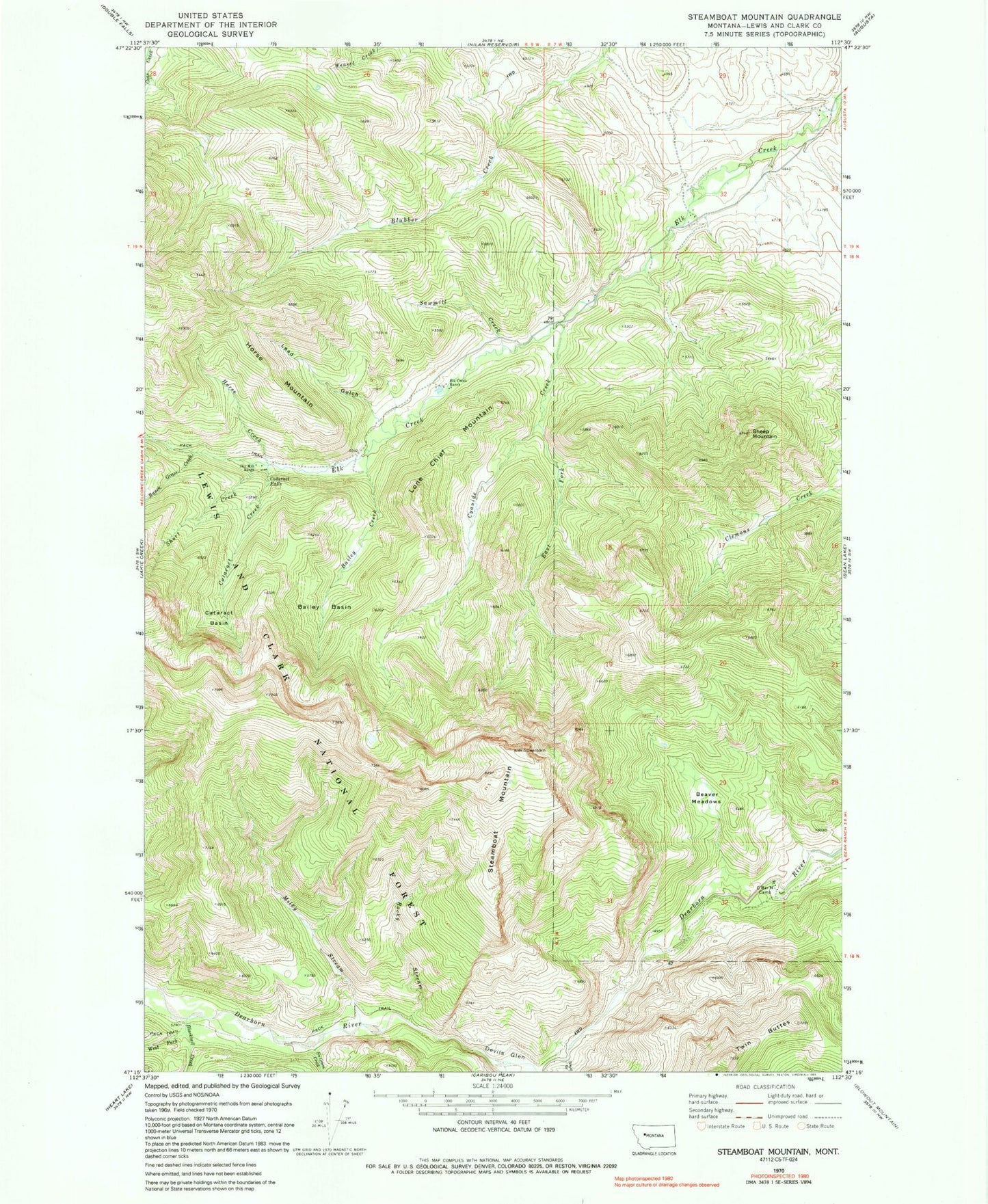 Classic USGS Steamboat Mountain Montana 7.5'x7.5' Topo Map Image