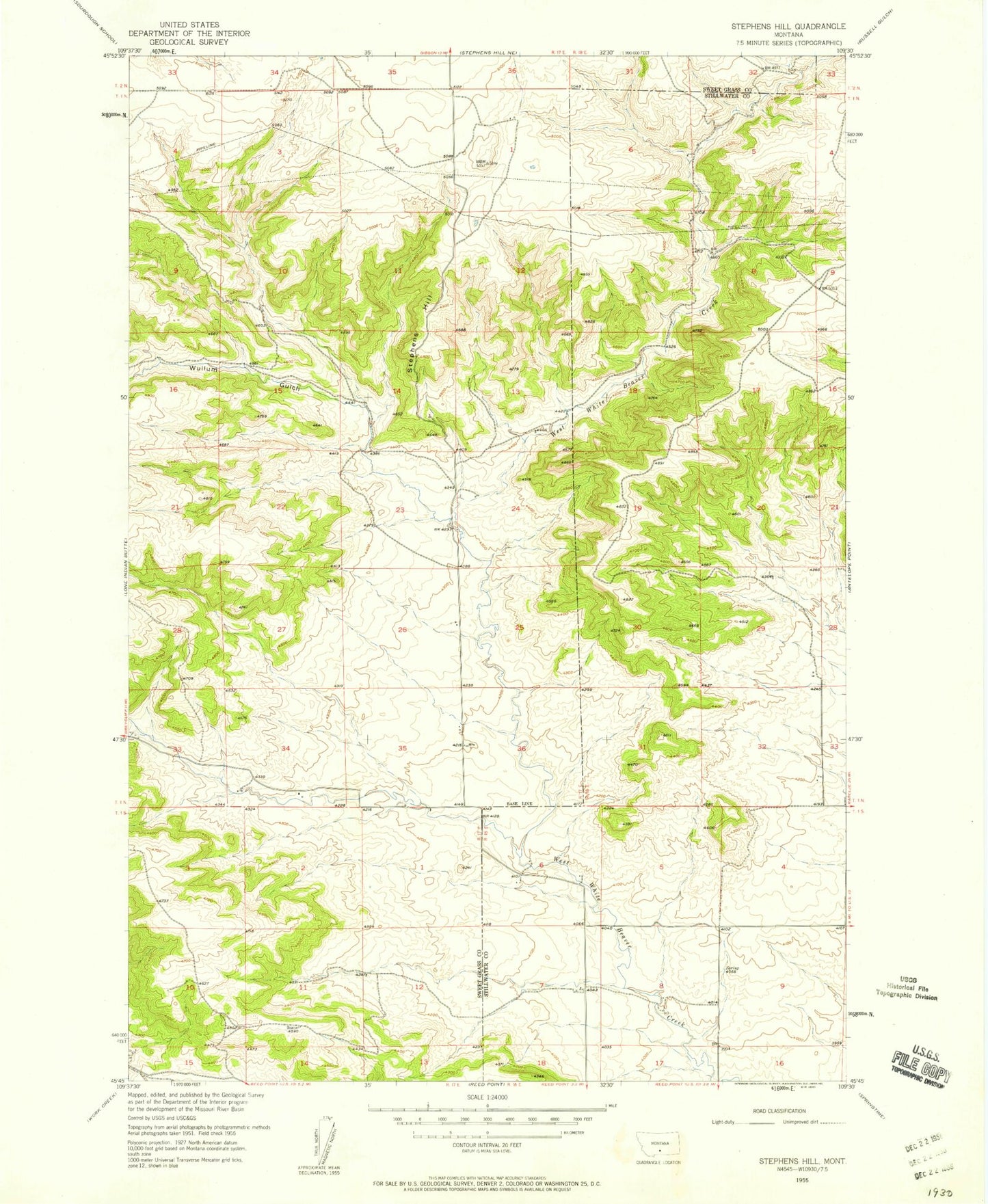 Classic USGS Stephens Hill Montana 7.5'x7.5' Topo Map Image