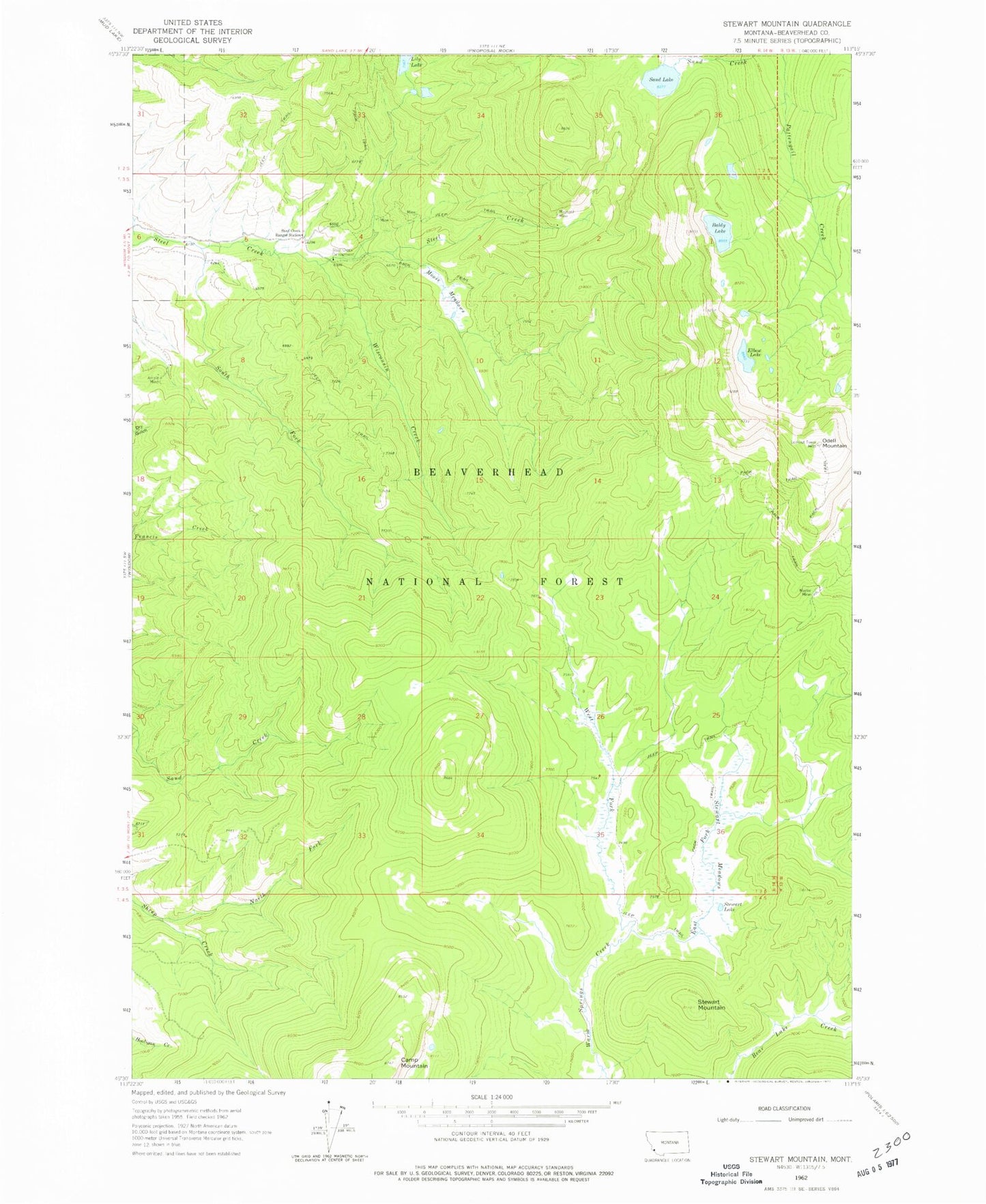 Classic USGS Stewart Mountain Montana 7.5'x7.5' Topo Map Image
