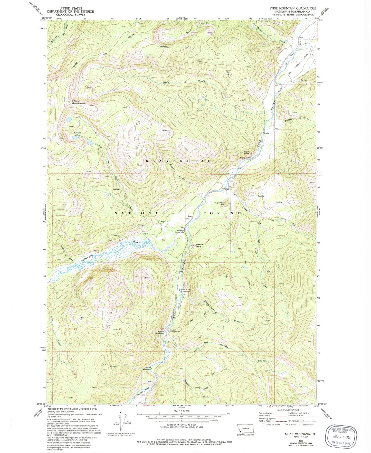 Classic USGS Stine Mountain Montana 7.5'x7.5' Topo Map Image