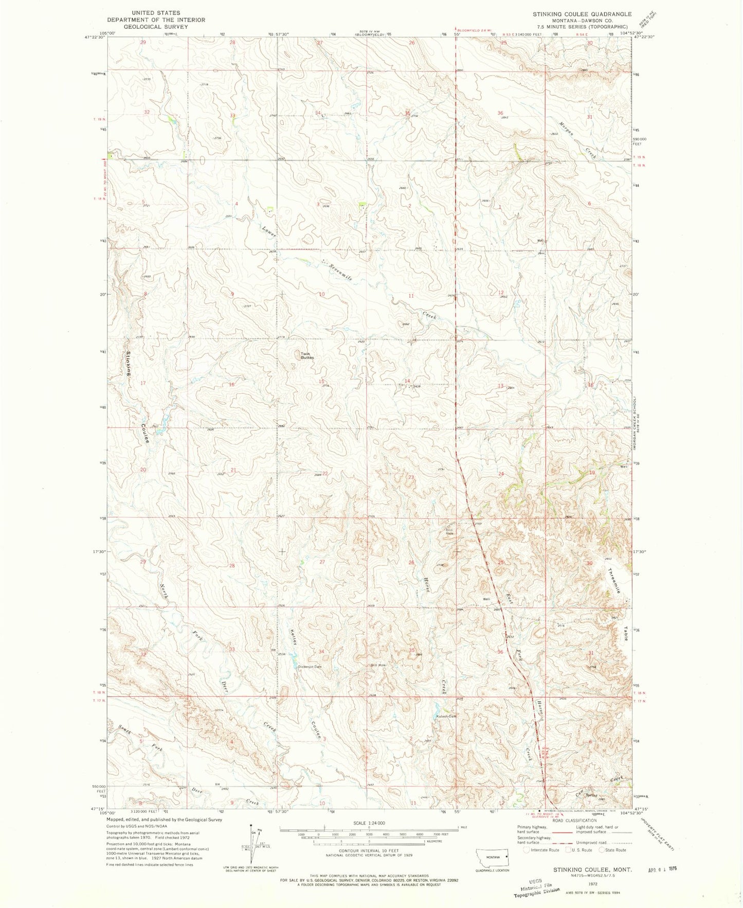 Classic USGS Stinking Coulee Montana 7.5'x7.5' Topo Map Image
