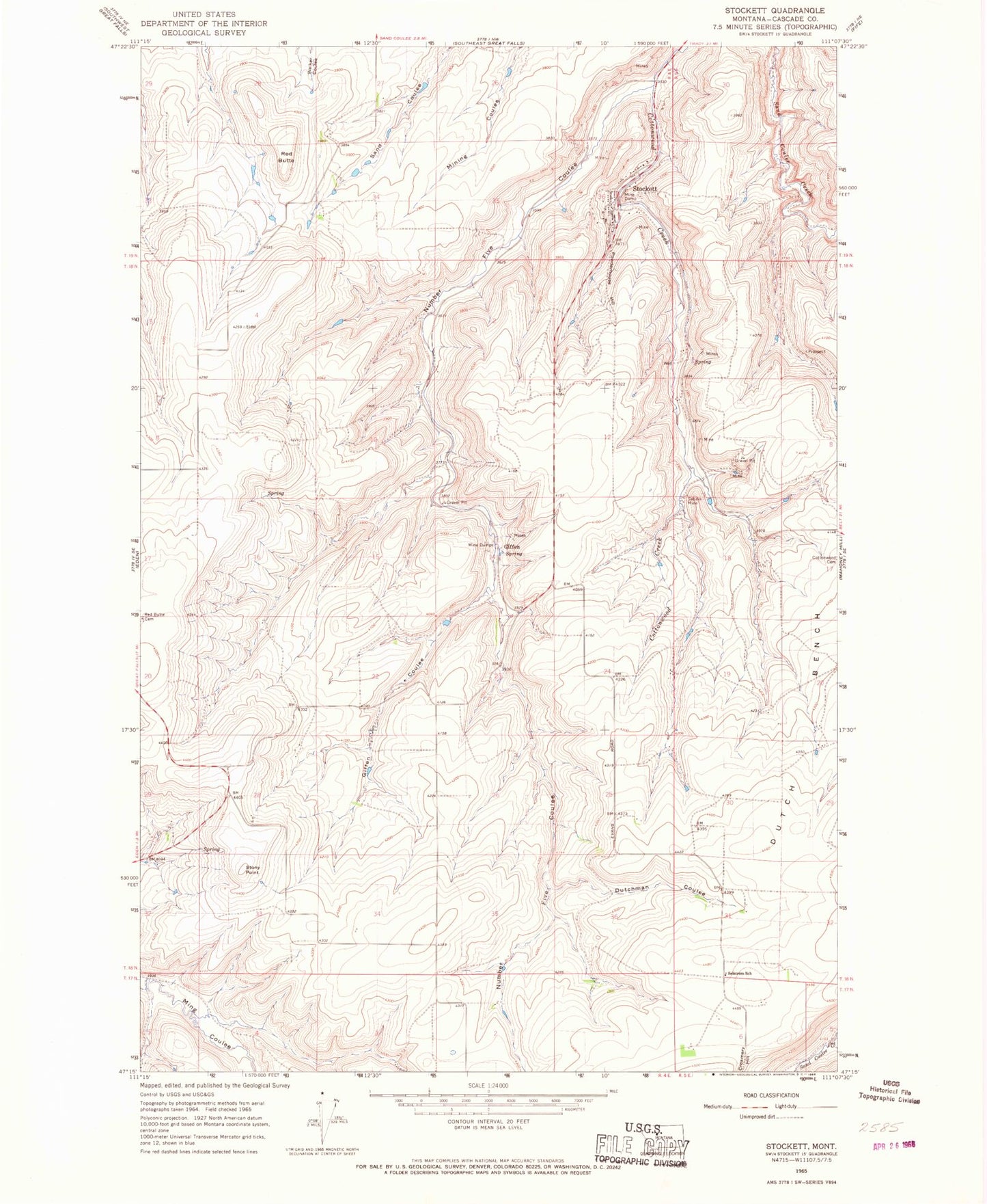 Classic USGS Stockett Montana 7.5'x7.5' Topo Map Image