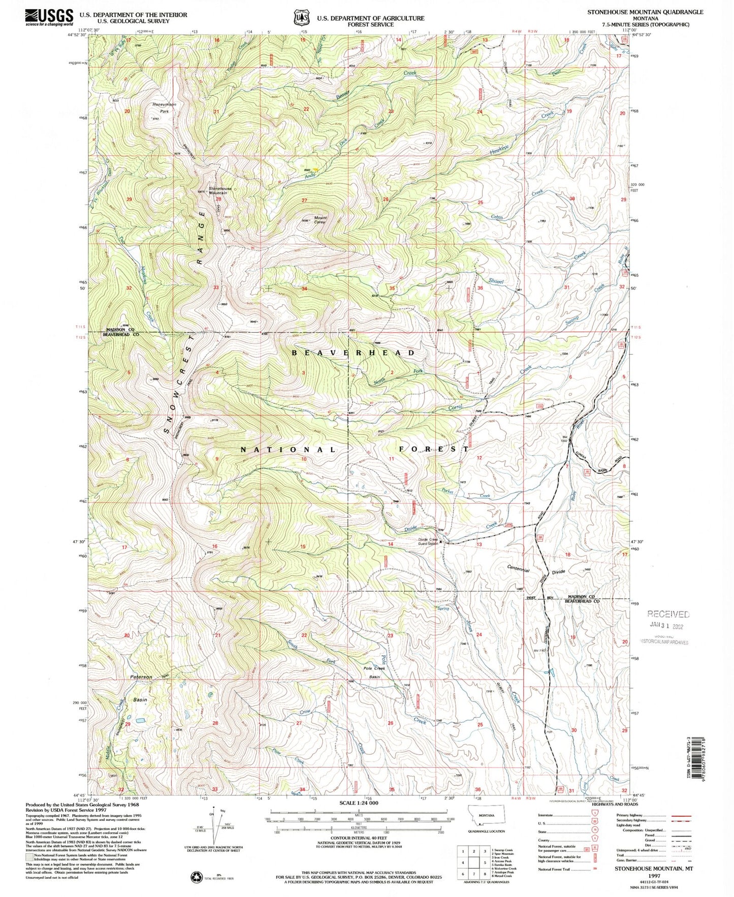Classic USGS Stonehouse Mountain Montana 7.5'x7.5' Topo Map Image