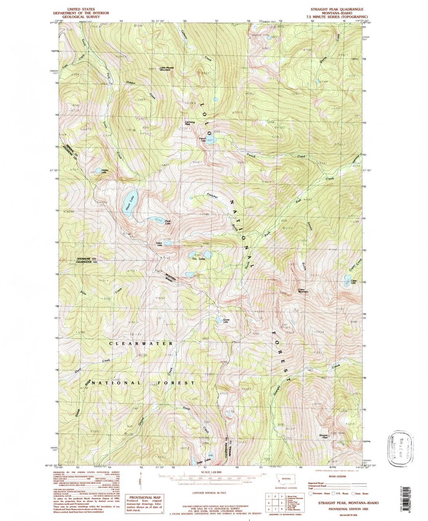 Classic USGS Straight Peak Montana 7.5'x7.5' Topo Map Image