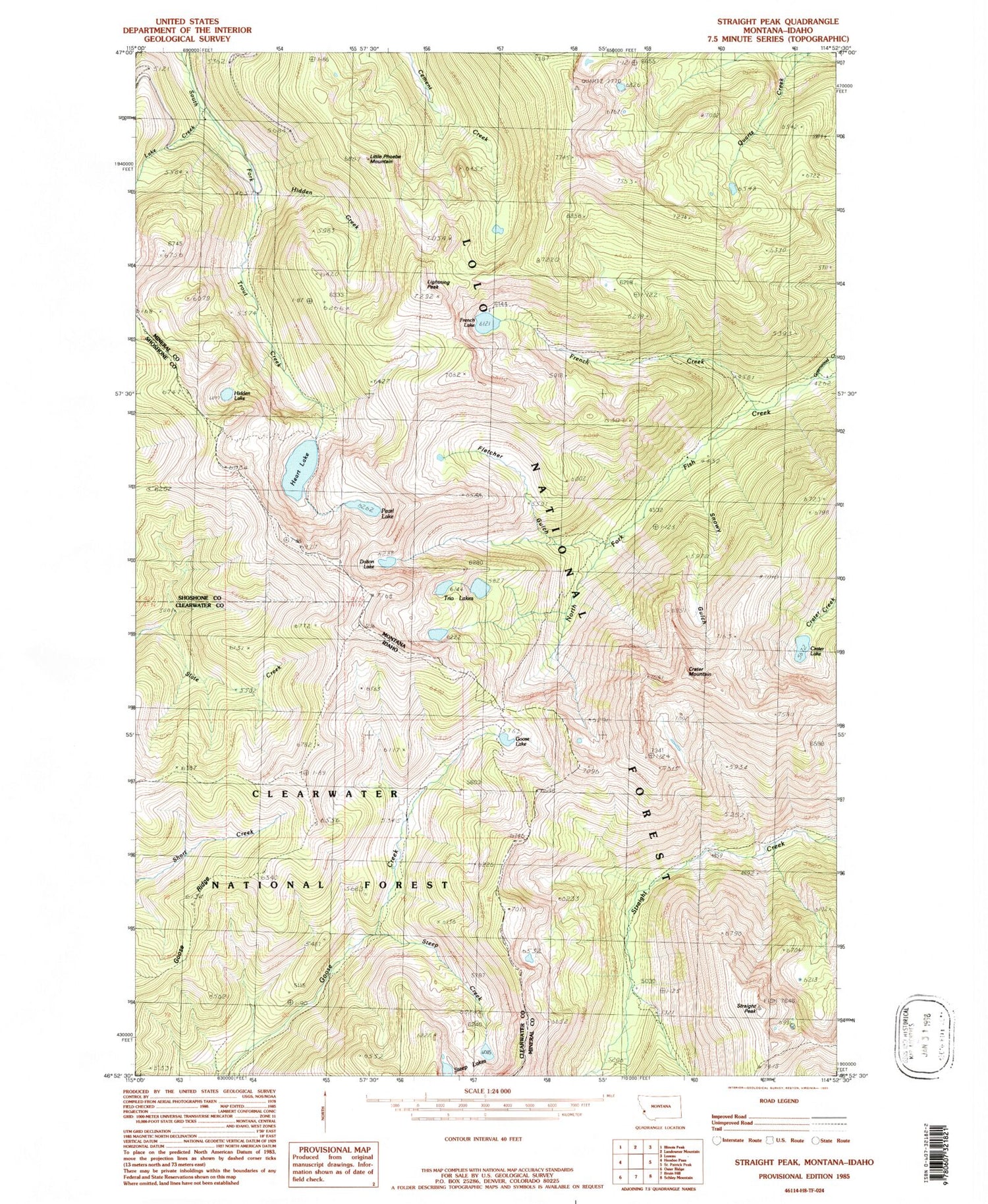 Classic USGS Straight Peak Montana 7.5'x7.5' Topo Map Image