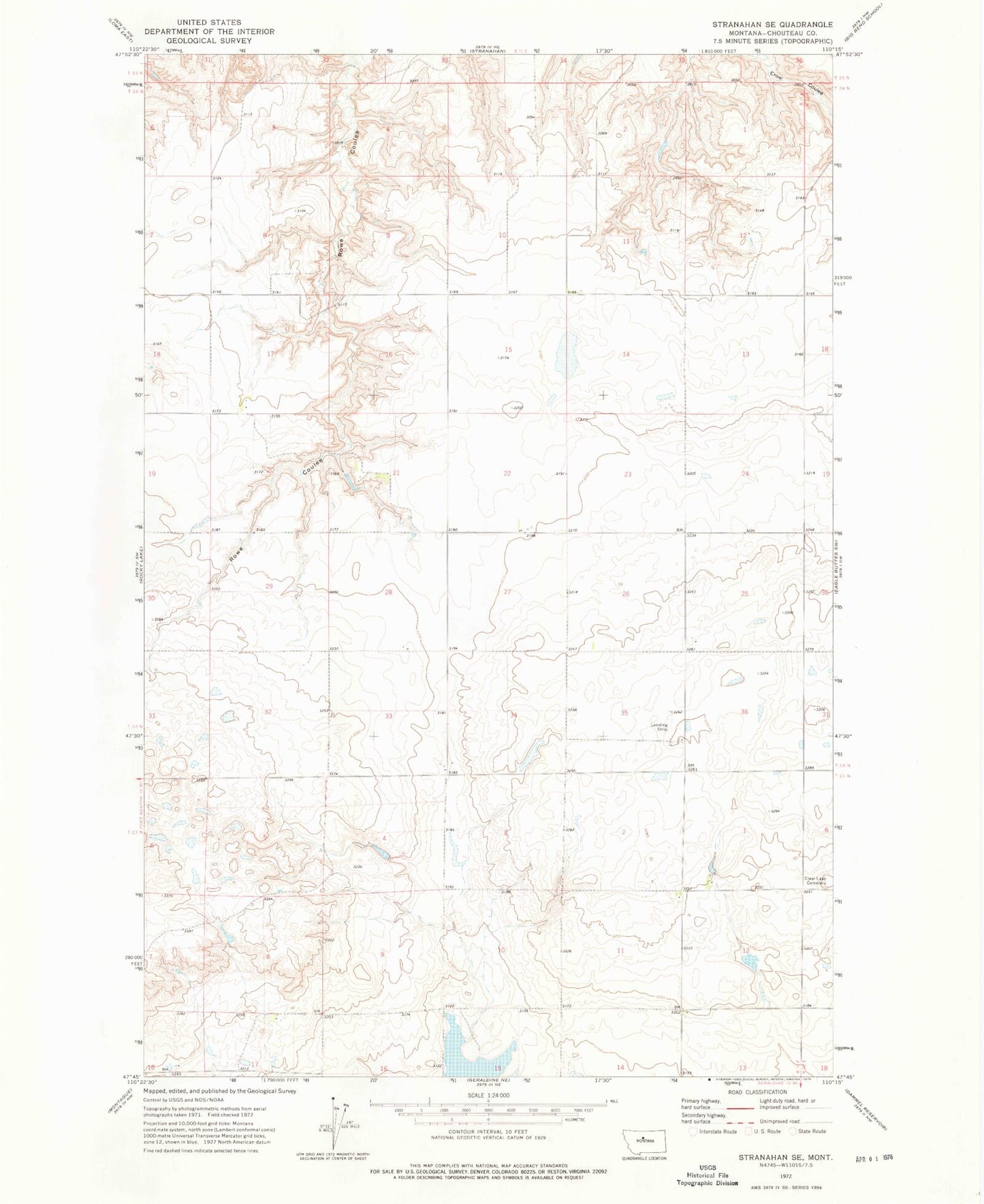 Classic USGS Stranahan SE Montana 7.5'x7.5' Topo Map Image