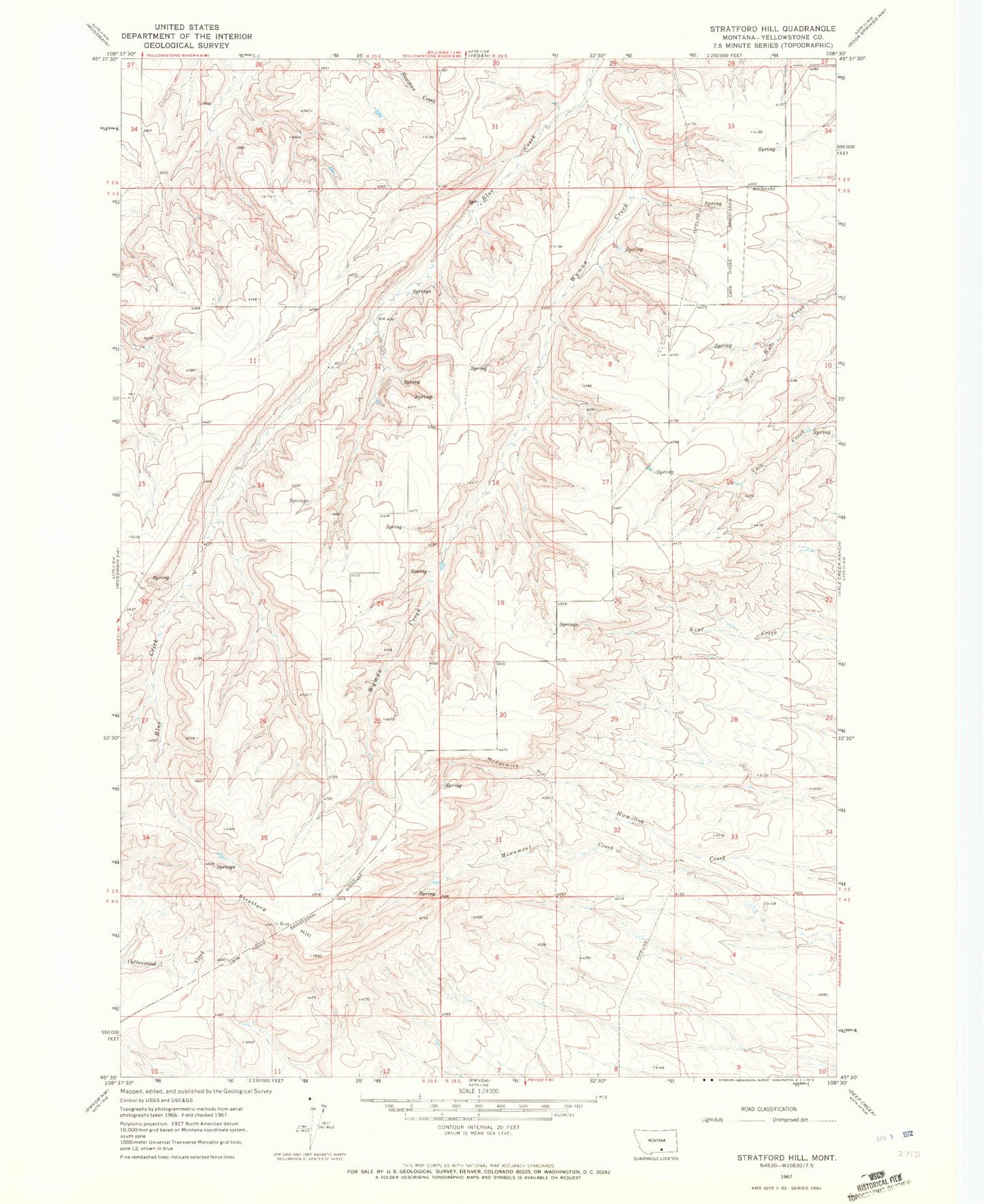 Classic USGS Stratford Hill Montana 7.5'x7.5' Topo Map Image