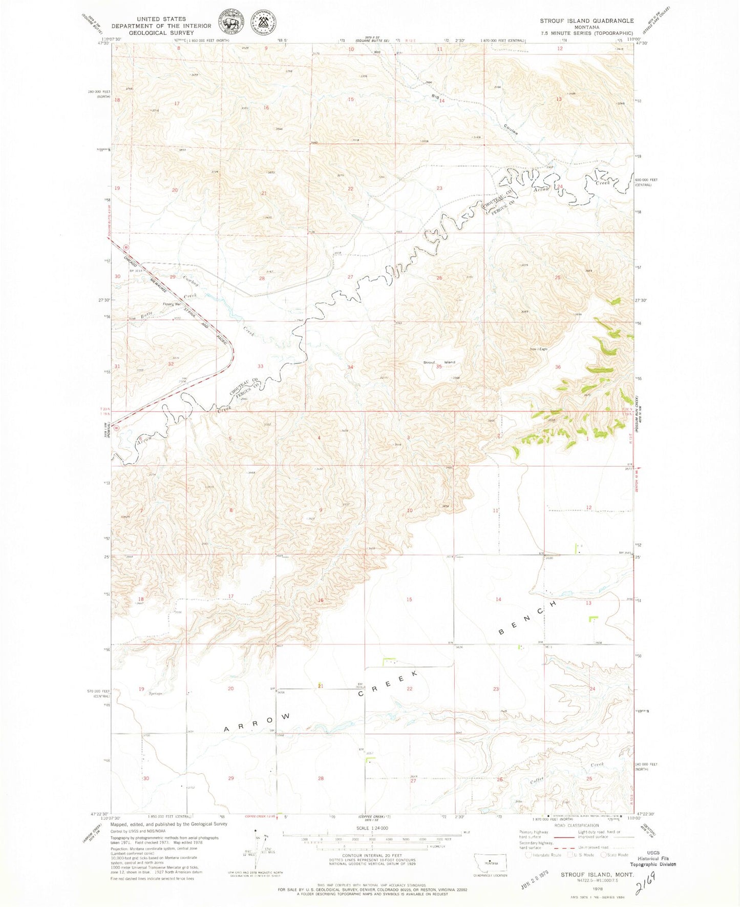 Classic USGS Strouf Island Montana 7.5'x7.5' Topo Map Image