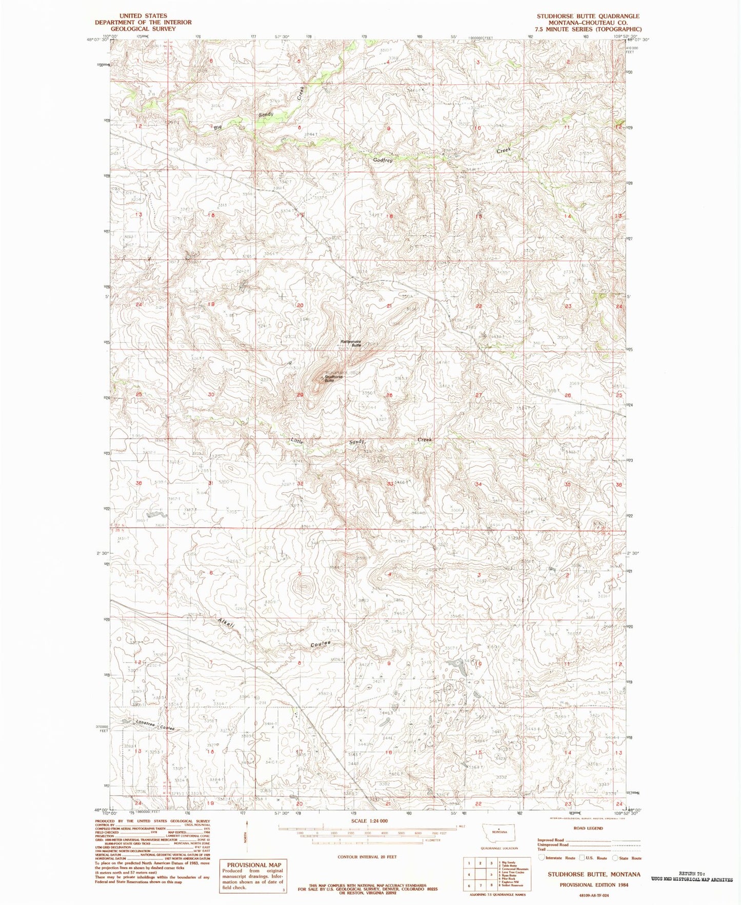 Classic USGS Studhorse Butte Montana 7.5'x7.5' Topo Map Image