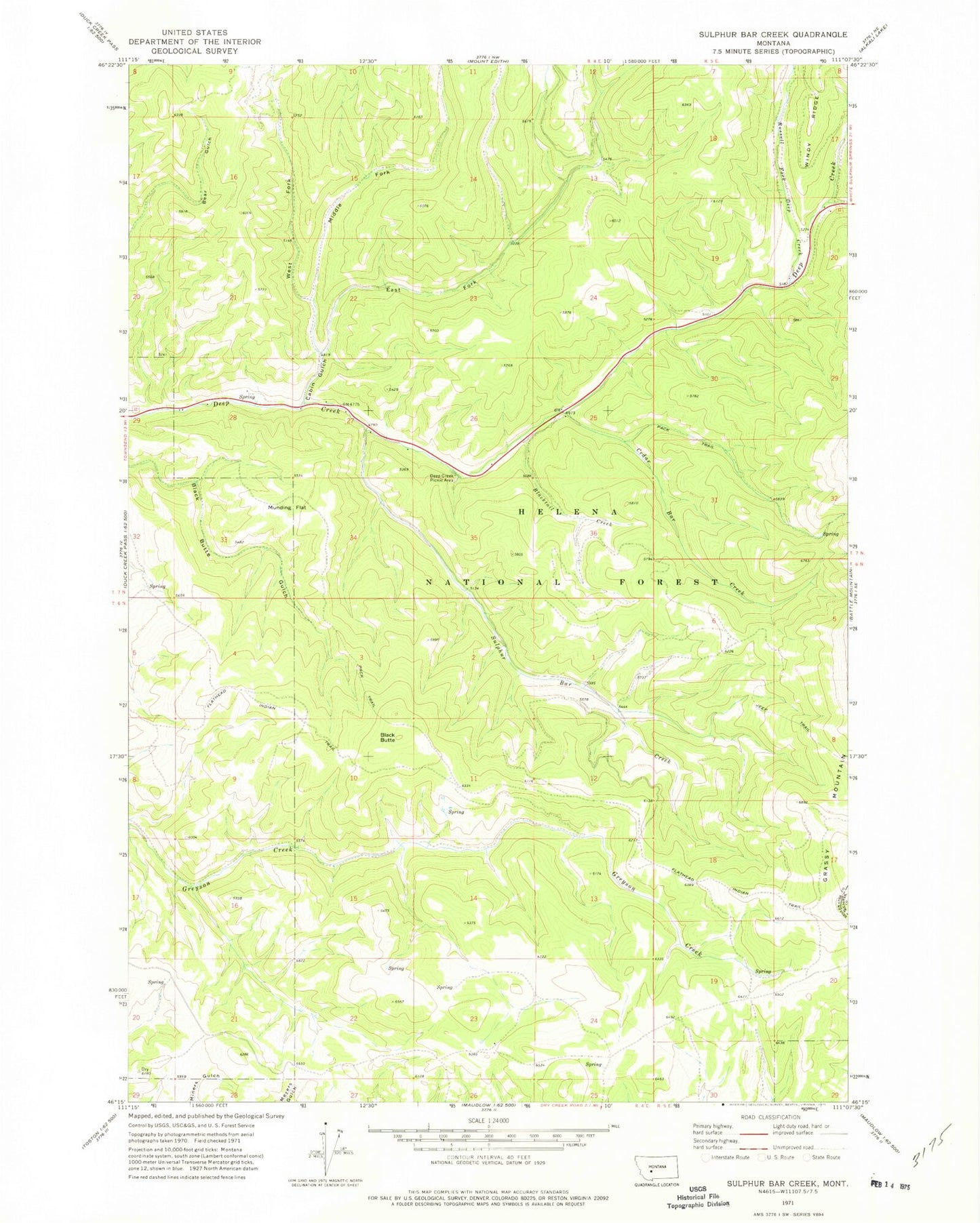 Classic USGS Sulphur Bar Creek Montana 7.5'x7.5' Topo Map Image