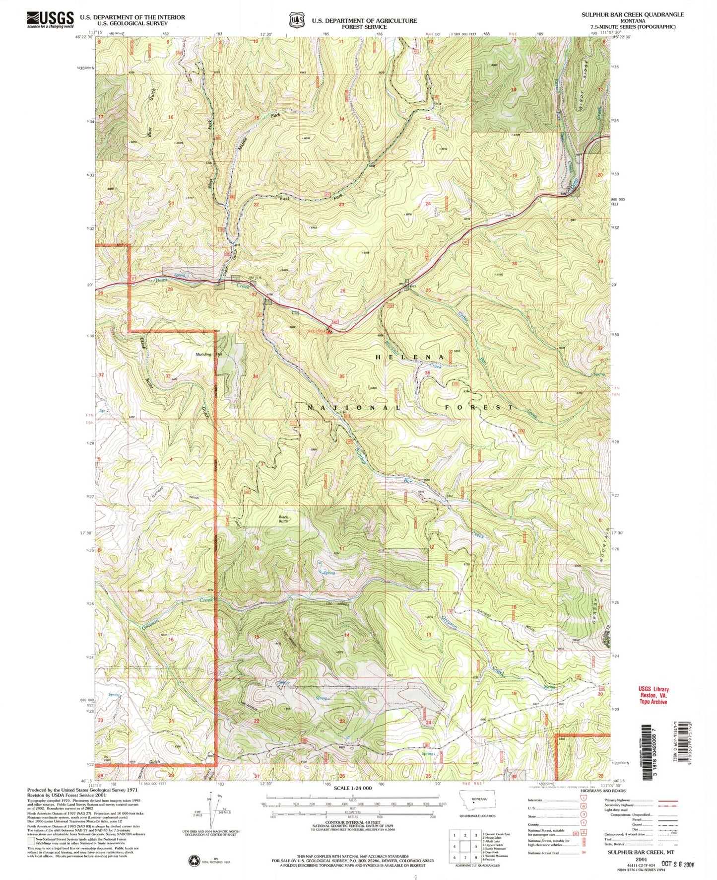 Classic USGS Sulphur Bar Creek Montana 7.5'x7.5' Topo Map Image