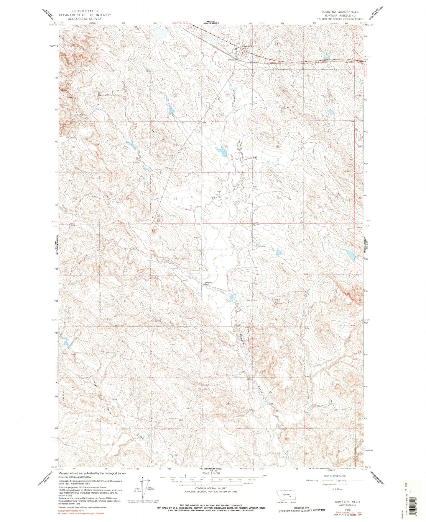 Classic USGS Sumatra Montana 7.5'x7.5' Topo Map Image