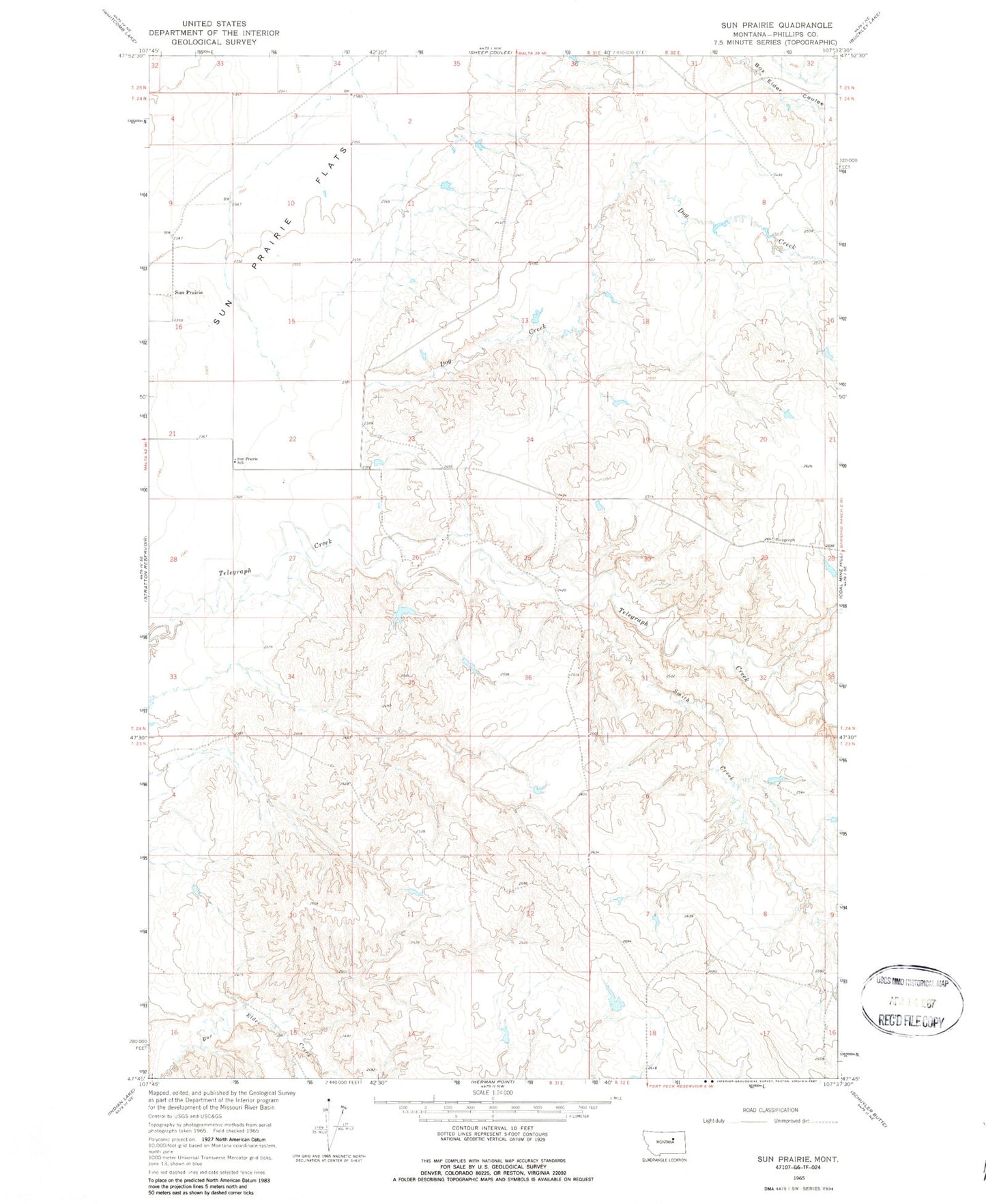 Classic USGS Sun Prairie Montana 7.5'x7.5' Topo Map Image