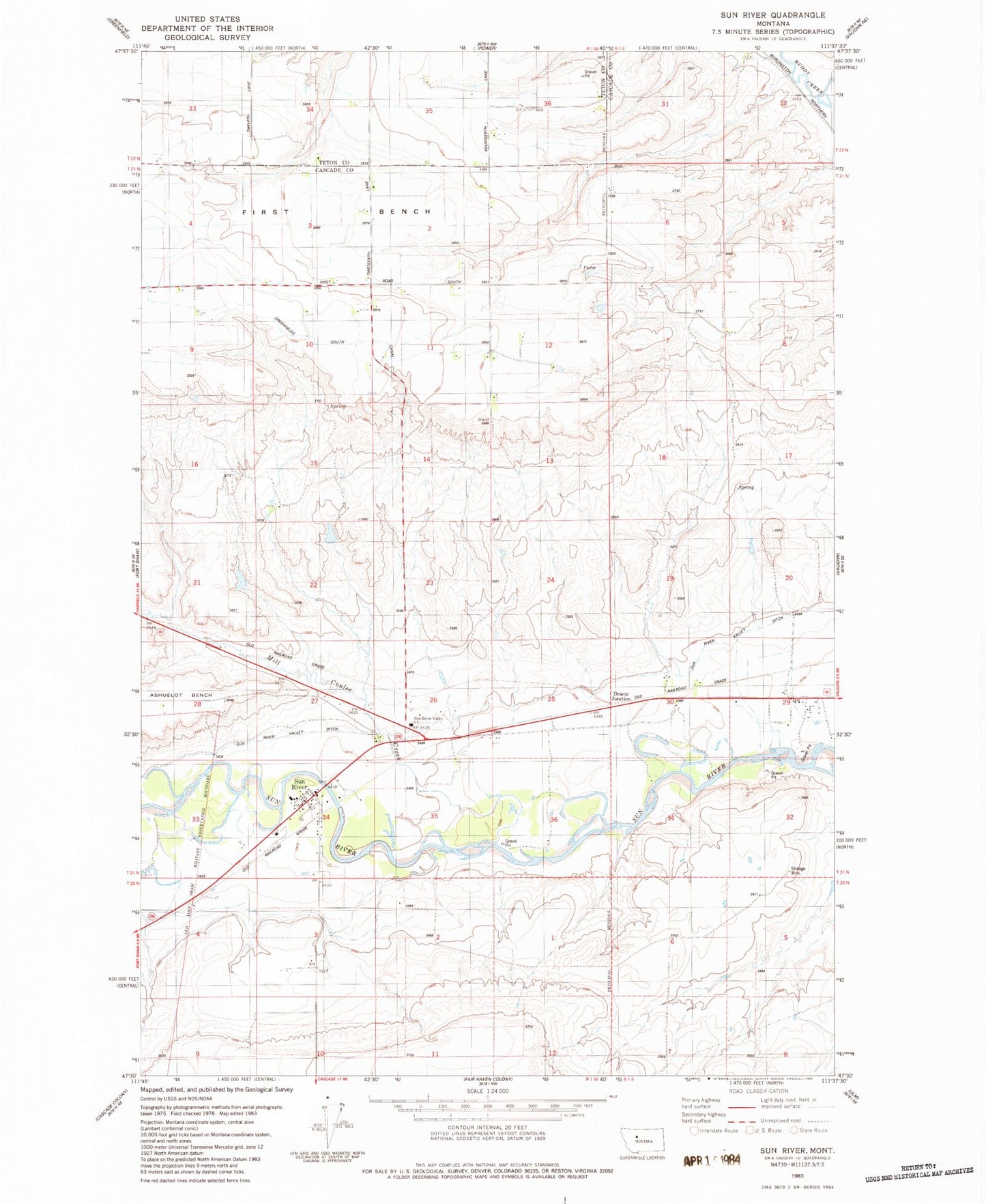 Classic USGS Sun River Montana 7.5'x7.5' Topo Map Image