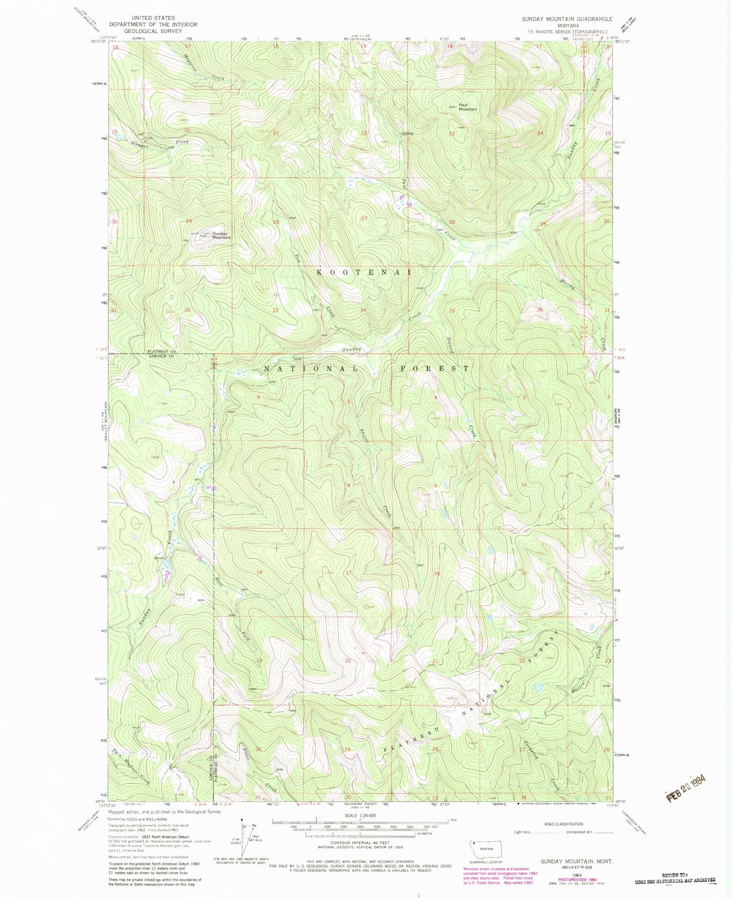 Classic USGS Sunday Mountain Montana 7.5'x7.5' Topo Map Image