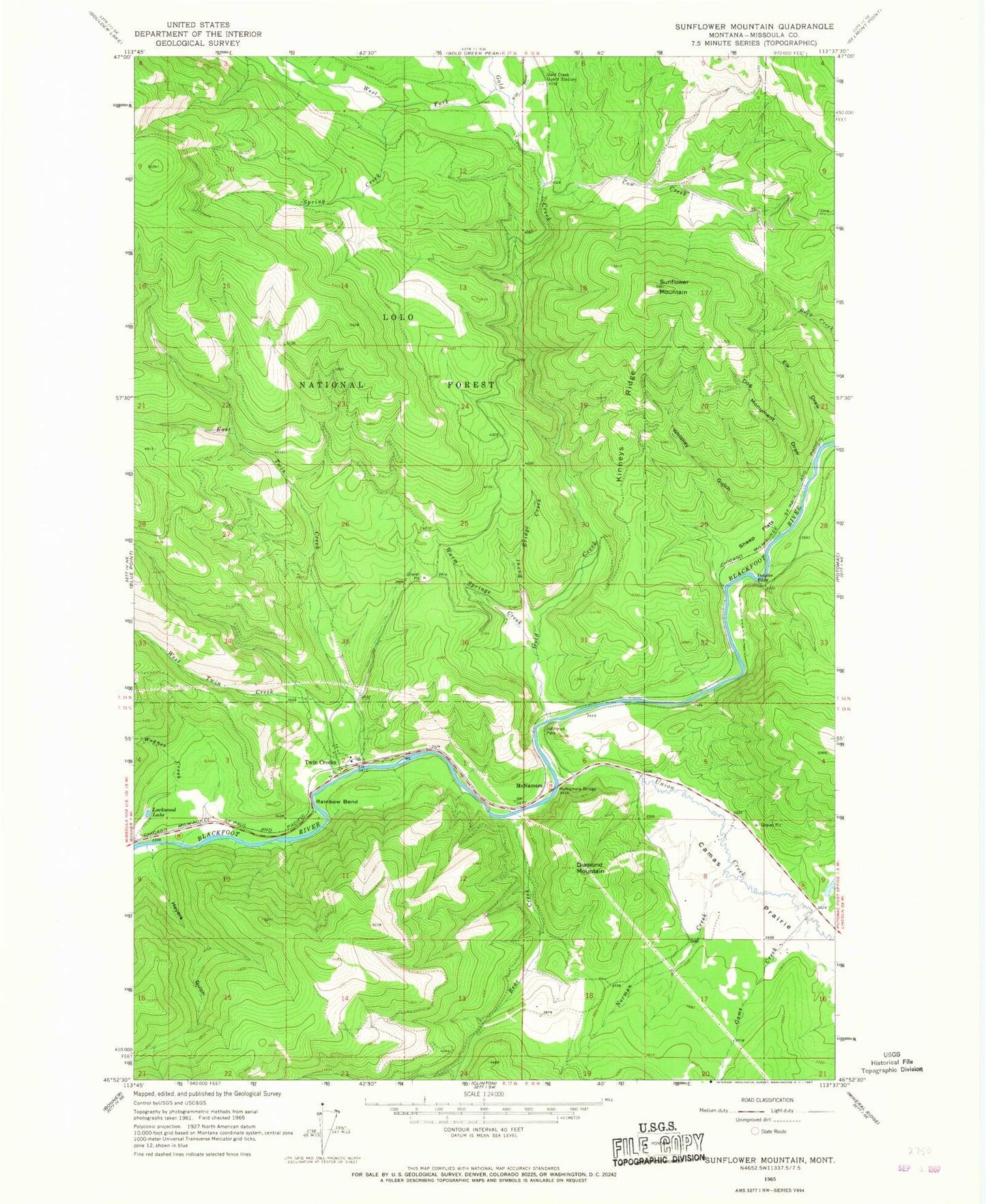 Classic USGS Sunflower Mountain Montana 7.5'x7.5' Topo Map Image