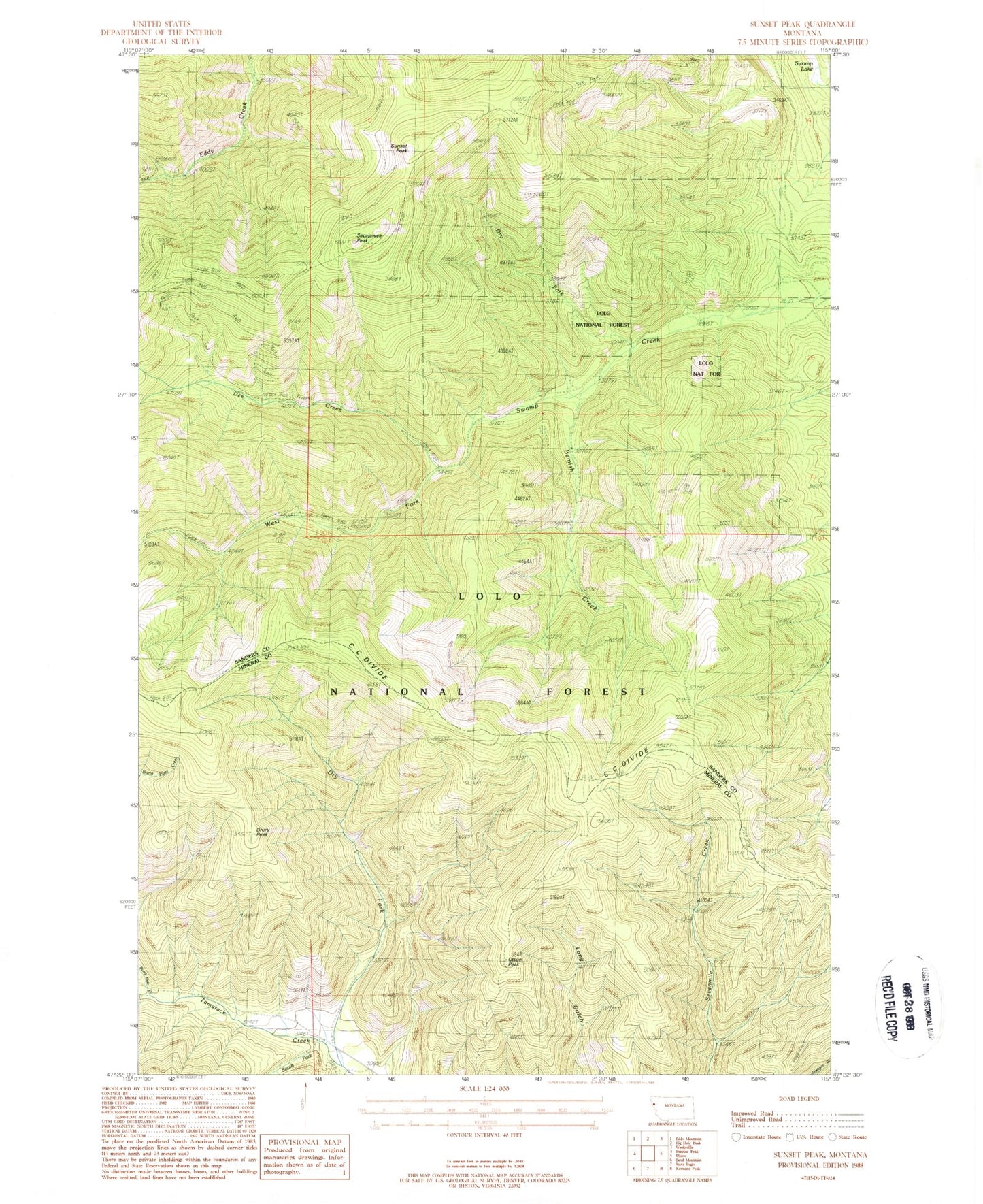 Classic USGS Sunset Peak Montana 7.5'x7.5' Topo Map Image