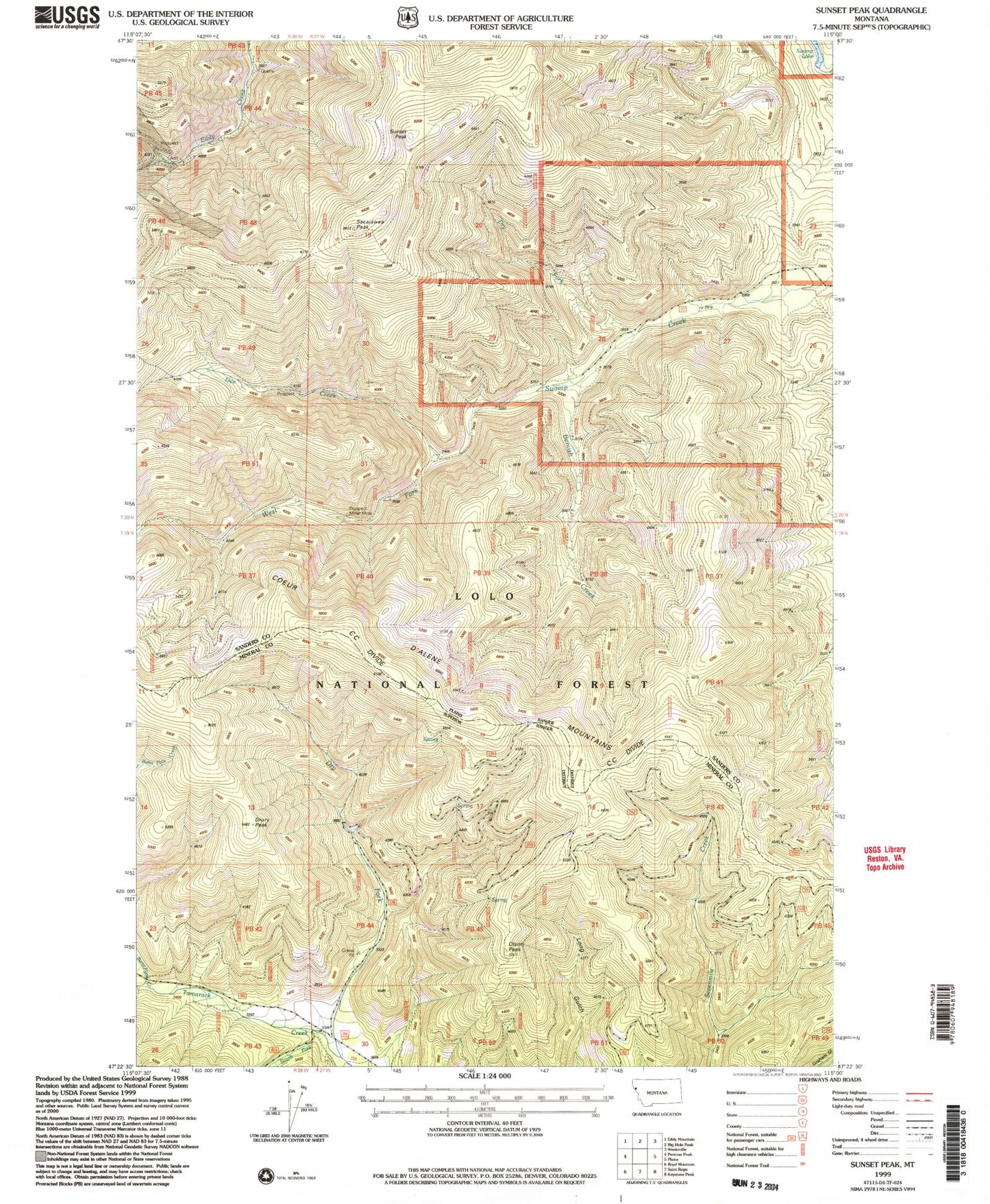 Classic USGS Sunset Peak Montana 7.5'x7.5' Topo Map Image