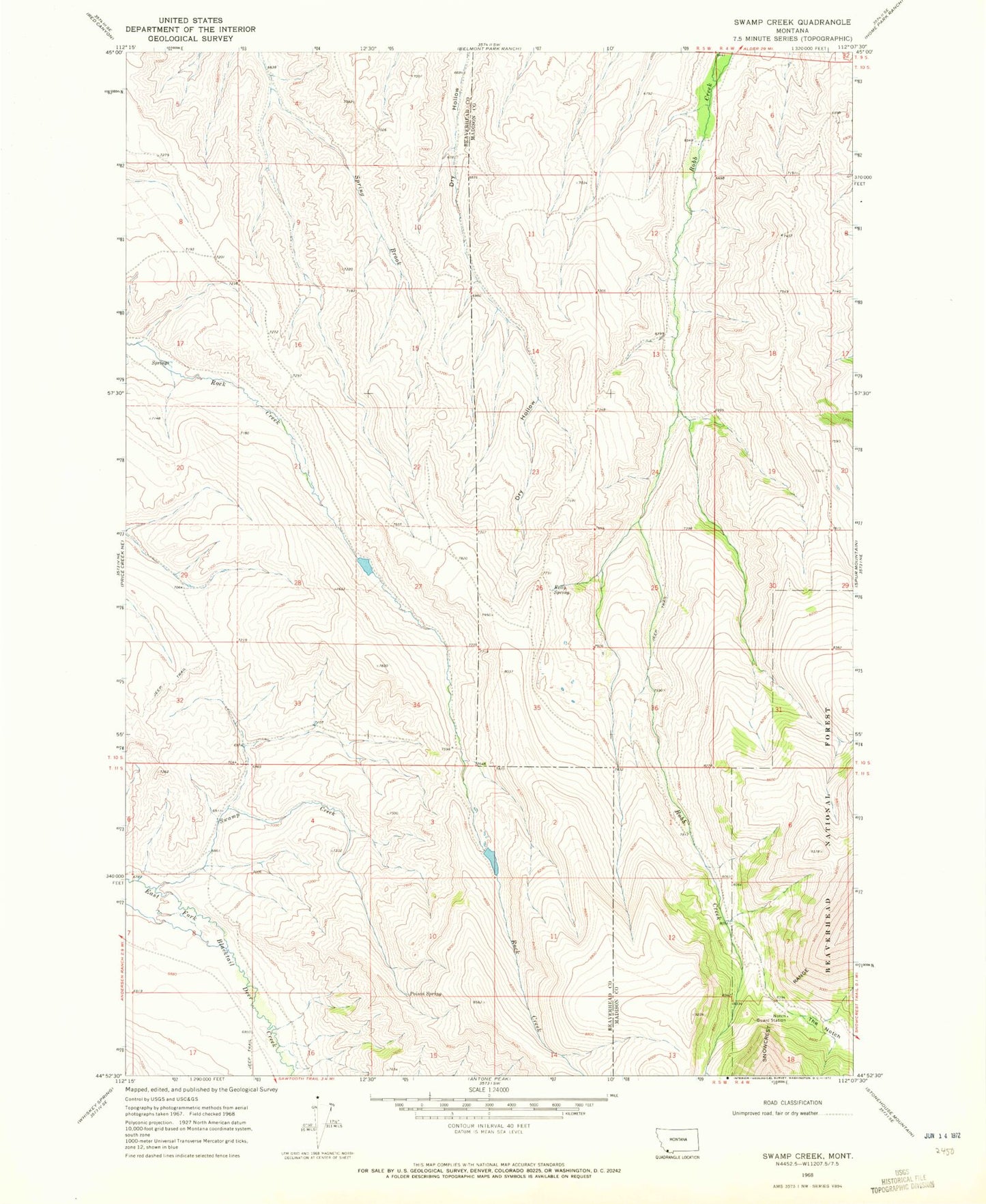 Classic USGS Swamp Creek Montana 7.5'x7.5' Topo Map Image