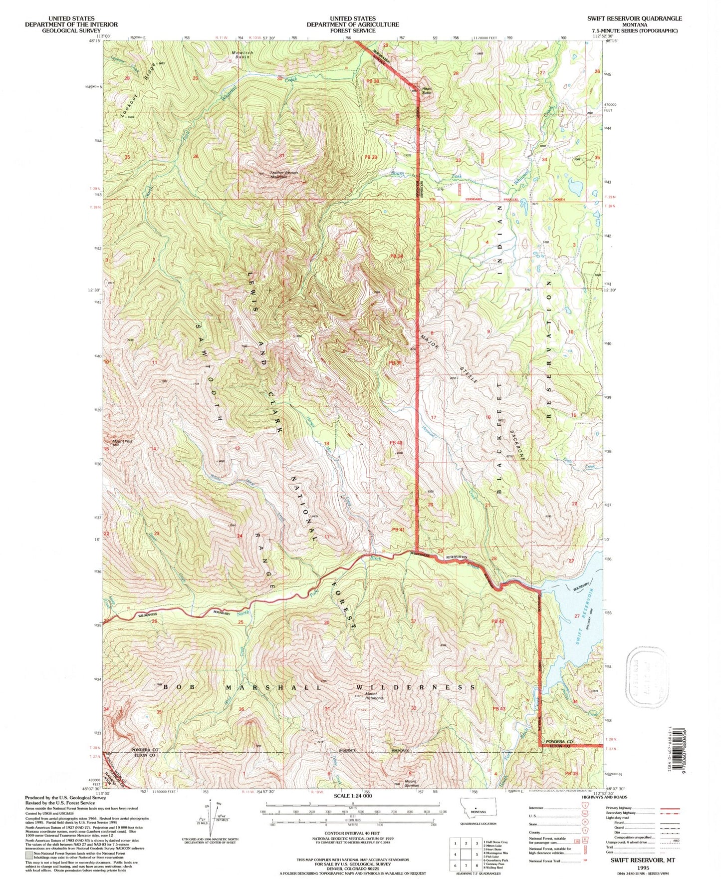 Classic USGS Swift Reservoir Montana 7.5'x7.5' Topo Map Image