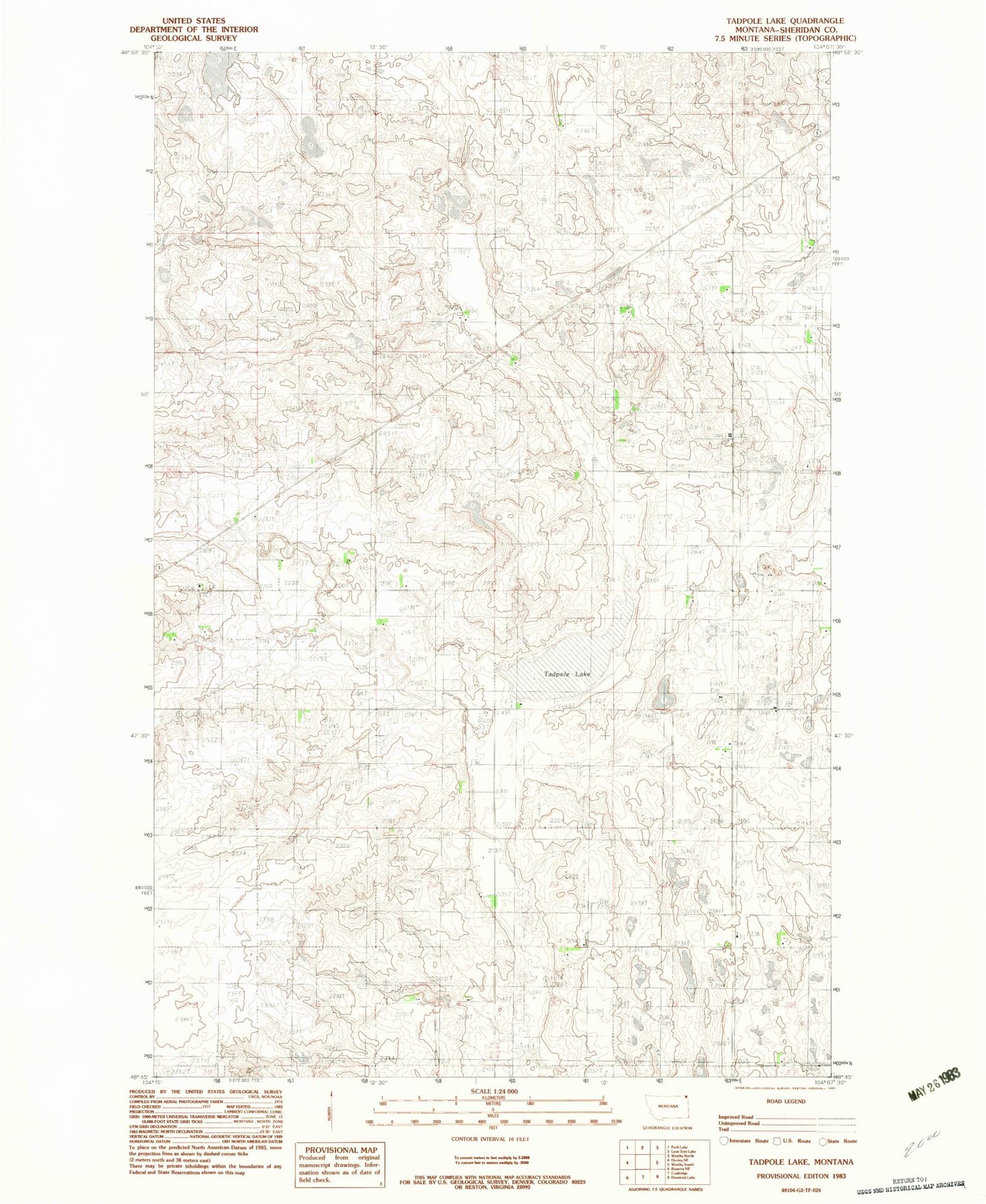 Classic USGS Tadpole Lake Montana 7.5'x7.5' Topo Map Image