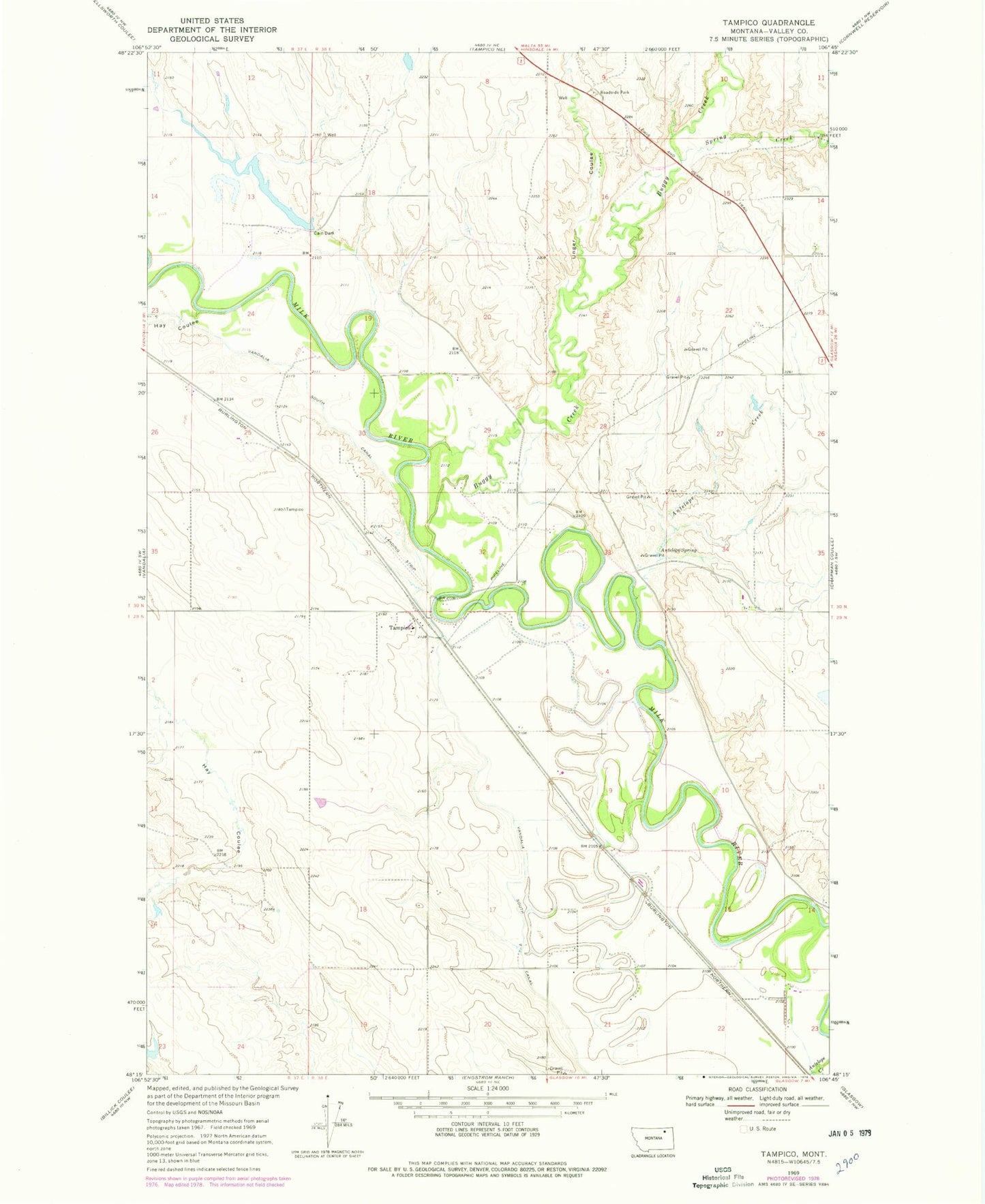 Classic USGS Tampico Montana 7.5'x7.5' Topo Map Image