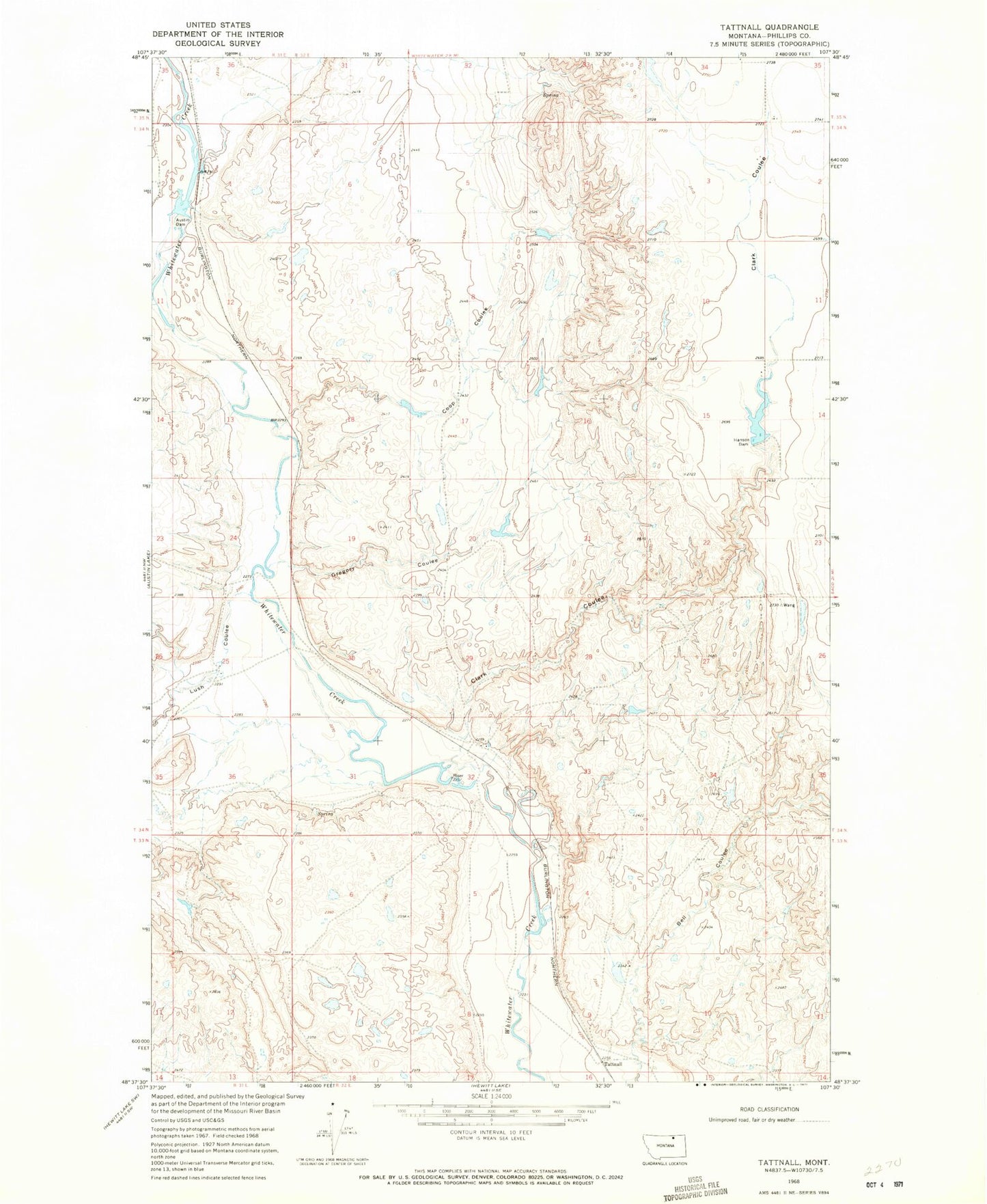 Classic USGS Tattnall Montana 7.5'x7.5' Topo Map Image
