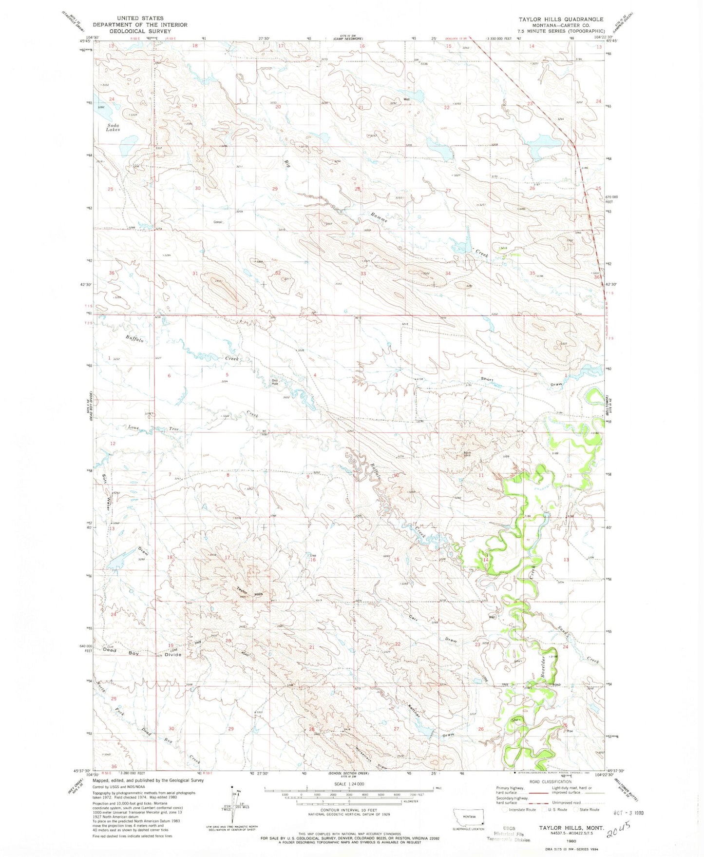 Classic USGS Taylor Hills Montana 7.5'x7.5' Topo Map Image