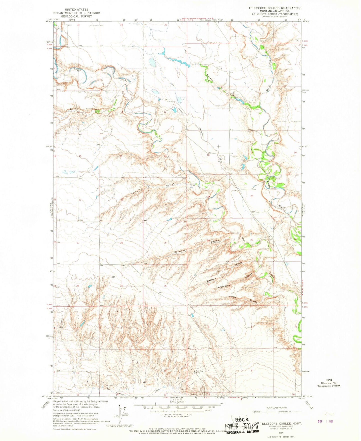 Classic USGS Telescope Coulee Montana 7.5'x7.5' Topo Map Image