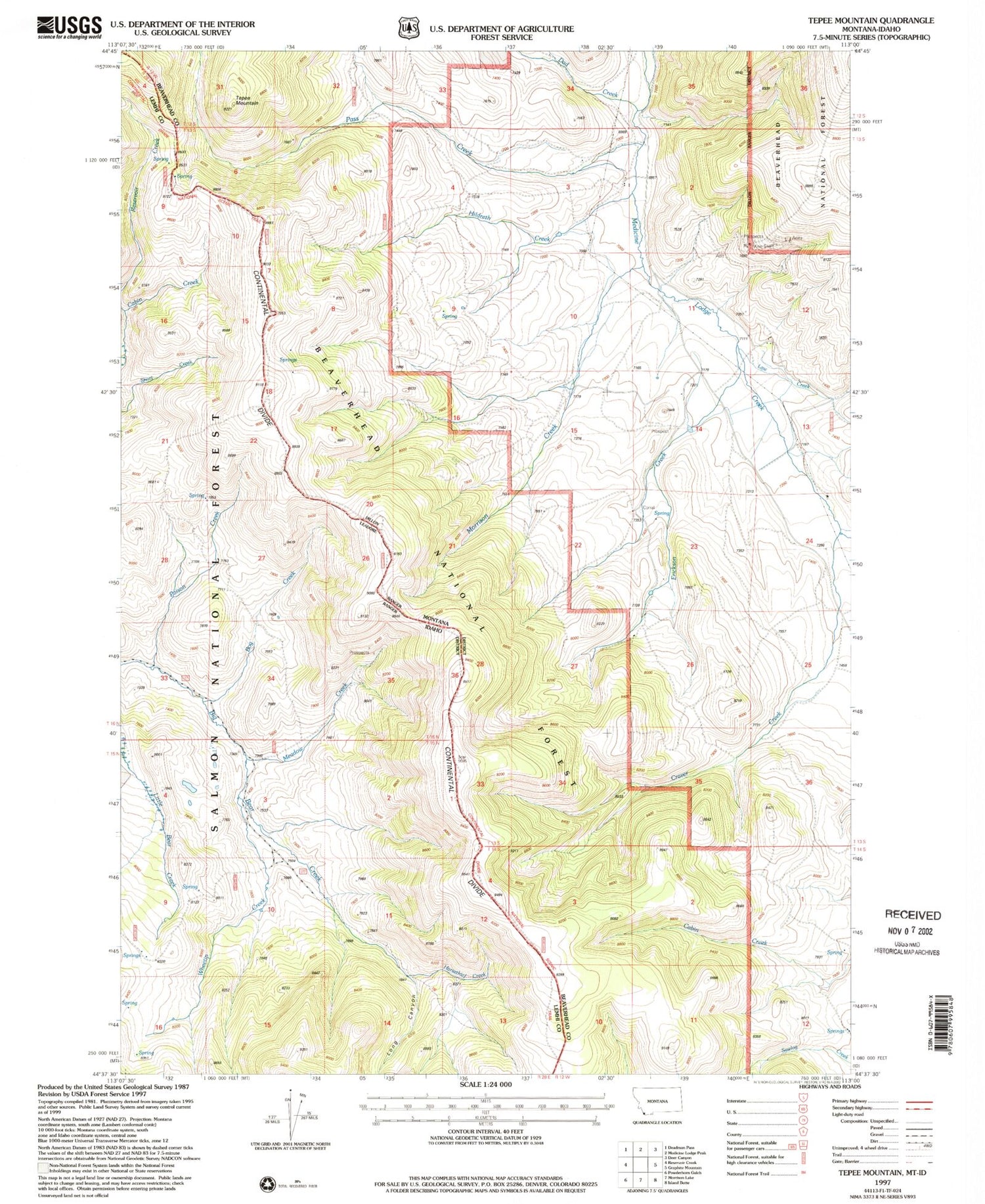 Classic USGS Tepee Mountain Montana 7.5'x7.5' Topo Map Image