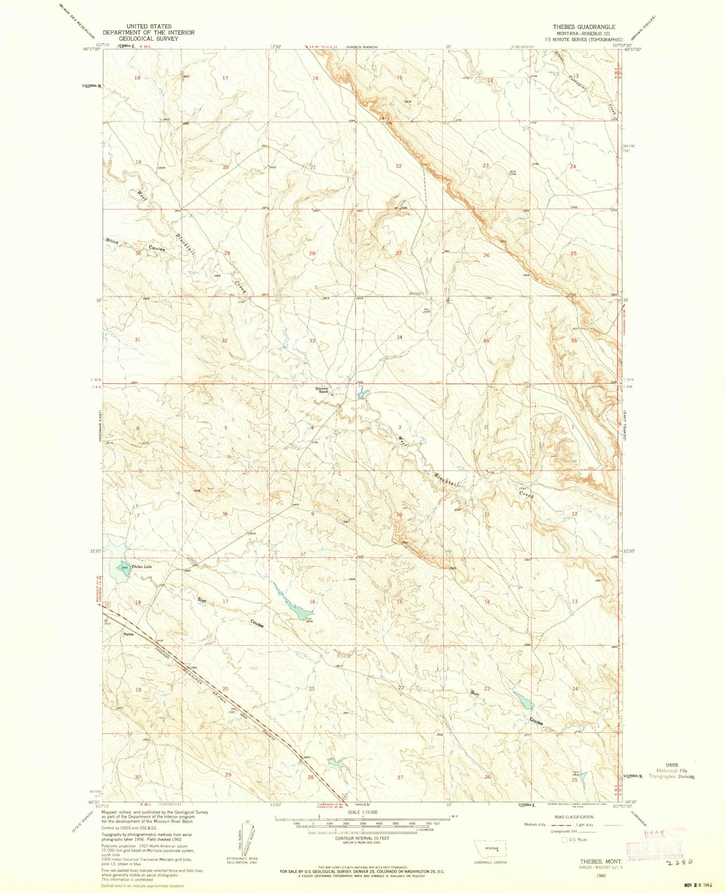 Classic USGS Thebes Montana 7.5'x7.5' Topo Map Image