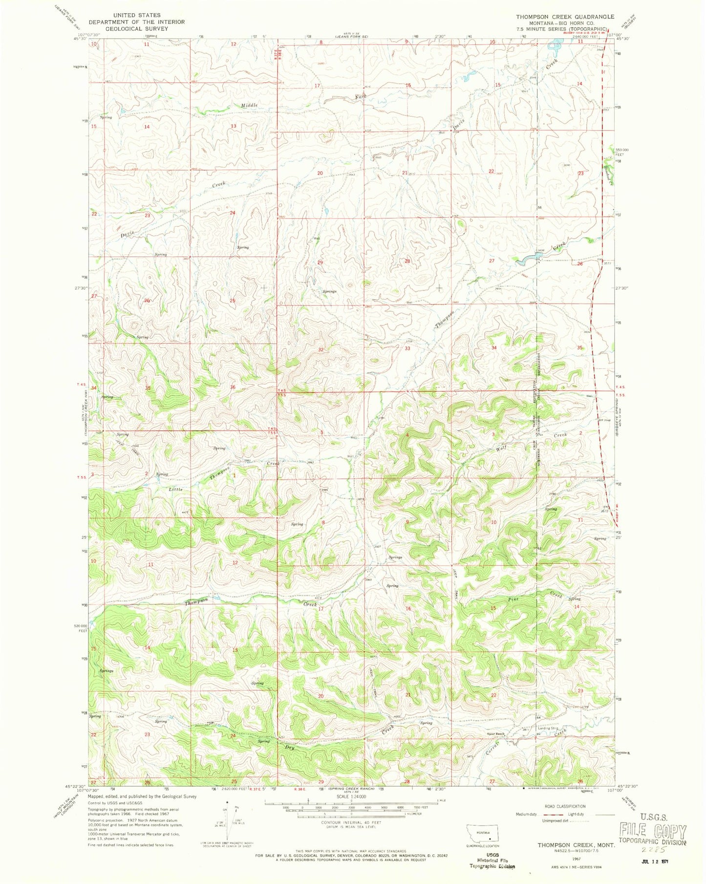 Classic USGS Thompson Creek Montana 7.5'x7.5' Topo Map Image