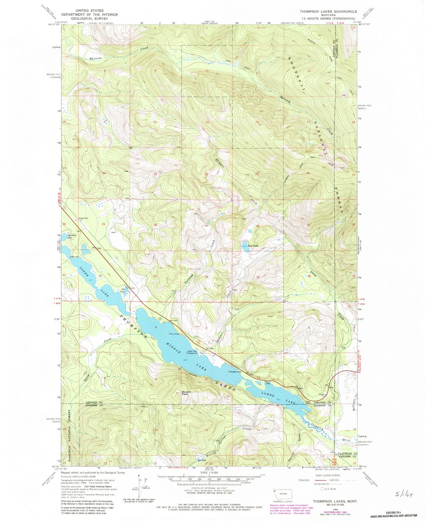 Classic USGS Thompson Lakes Montana 7.5'x7.5' Topo Map Image