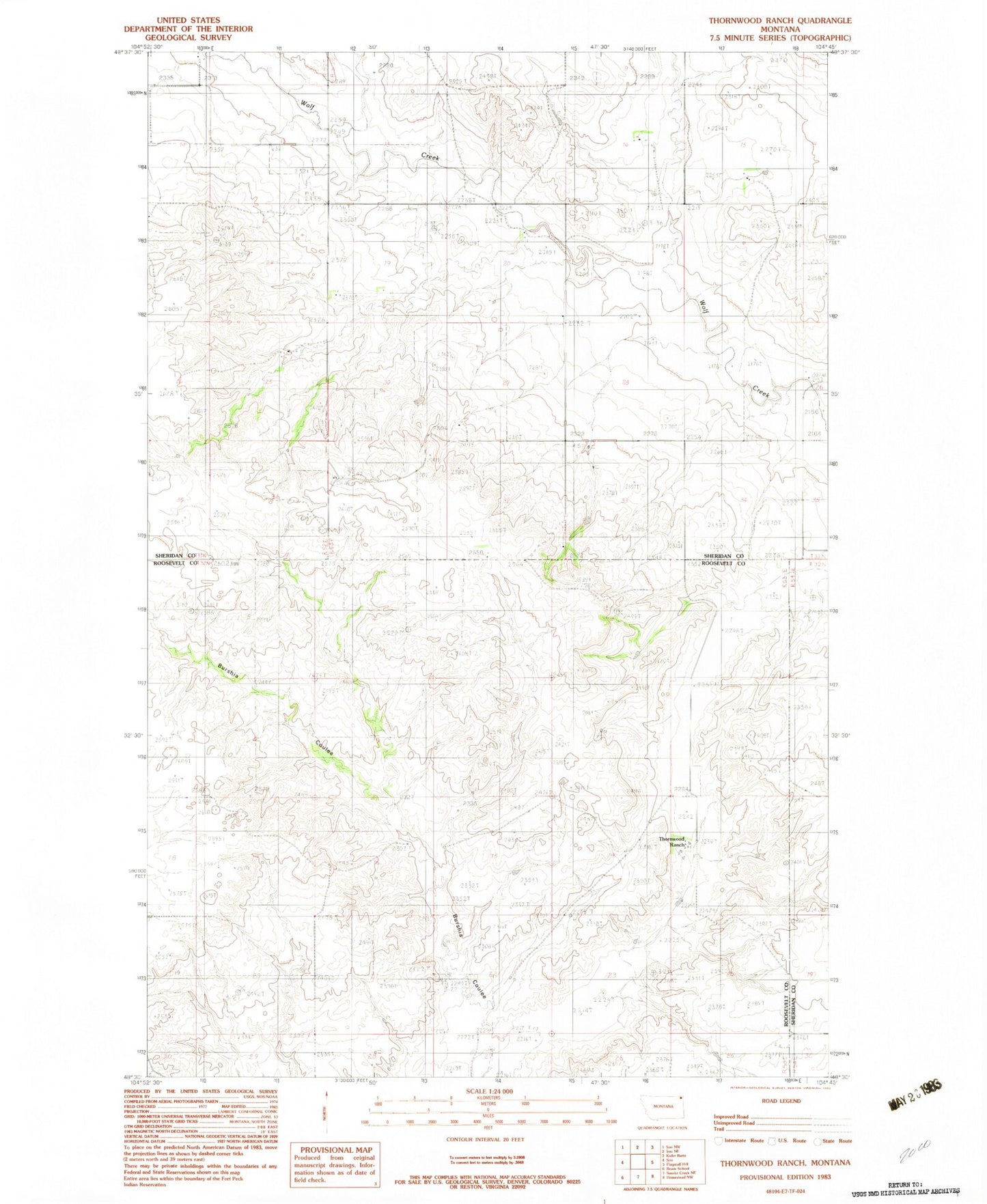Classic USGS Thornwood Ranch Montana 7.5'x7.5' Topo Map Image
