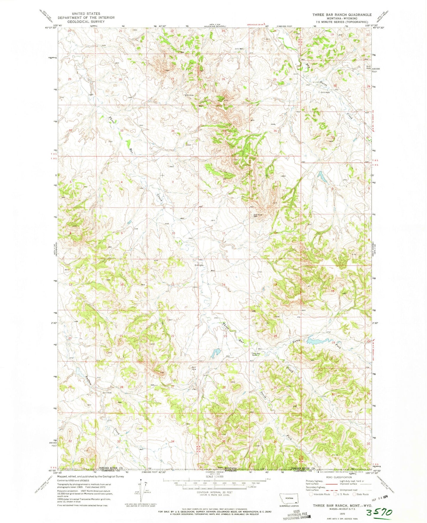 Classic USGS Three Bar Ranch Montana 7.5'x7.5' Topo Map Image